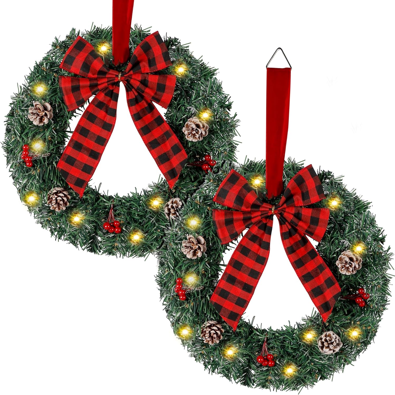 Zcaukya 2 Packs Pre-lit Christmas Wreaths, 14 Inch Buffalo Check Bowknot Wreath with 8 Lighting Modes String Lights, Artificial Front Door Wreath for Xmas Hanging Decor, with Timer 14 inch in diameter each