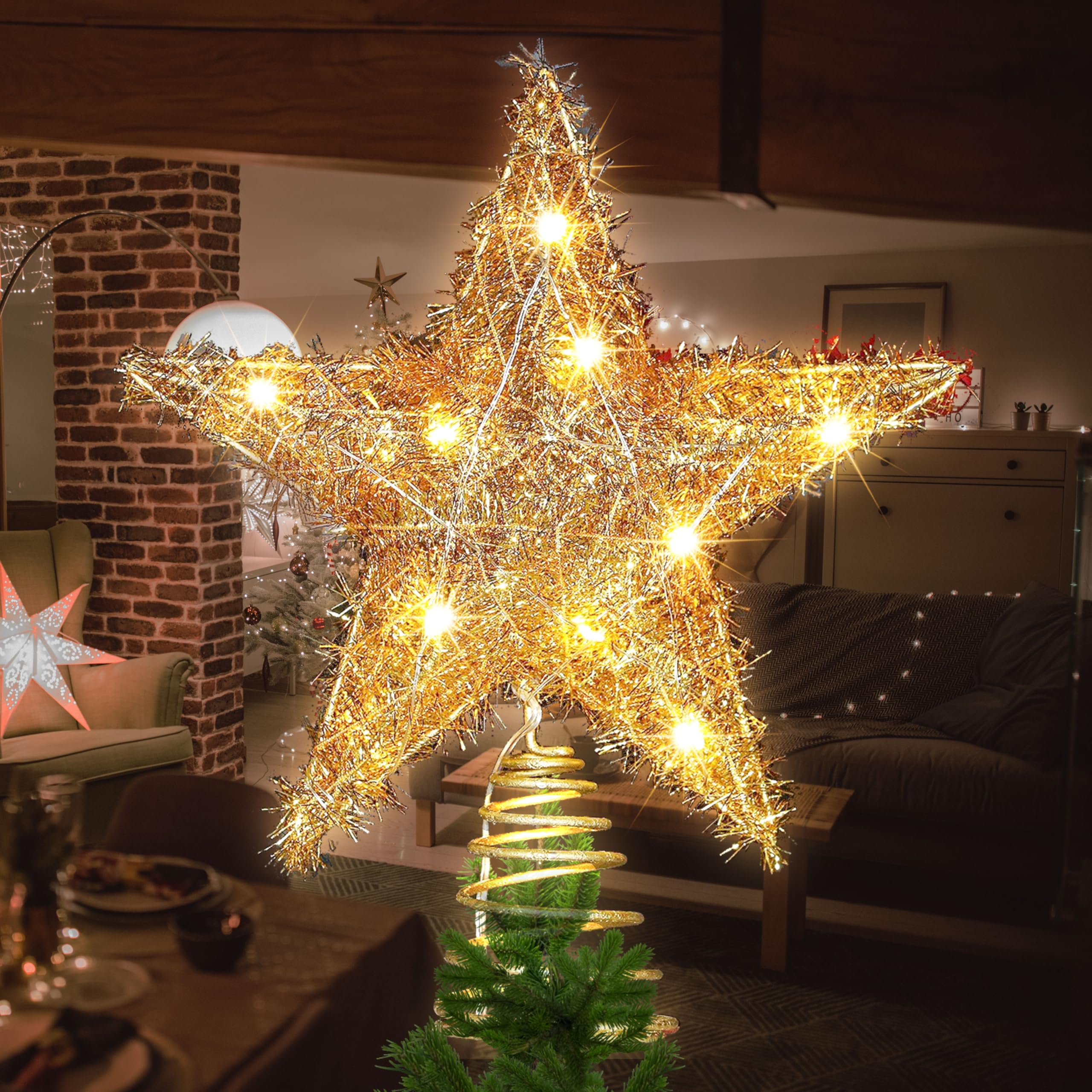 11.8-Inch Light-up Christmas Tree Topper Star, 20 Warm White LED lights with Sparkling Yarn, Xmas Tree Top Decoration. (Golden)