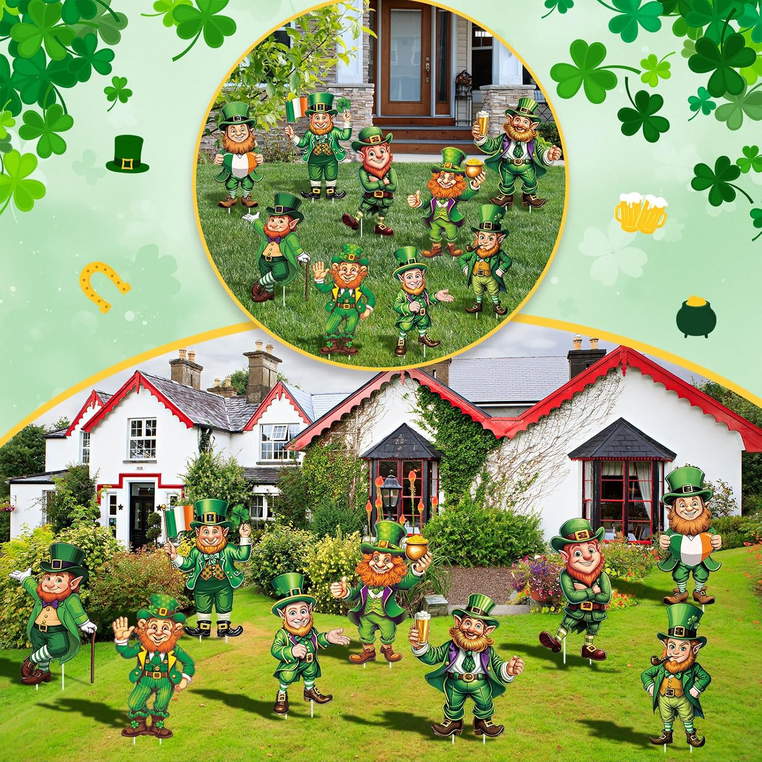 Yookeer 9 Pcs St Patricks Day Leprechaun Shamrock Yard Signs Outdoor Decorations with Stakes Lawn Sign St Patrick's Day Yard Signs for Irish Patio Decor Garden Ornaments Outdoor Party Supplies