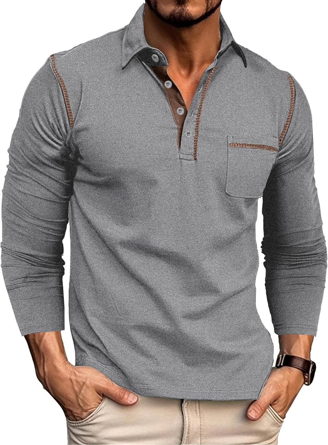 EDITCOZY Long Sleeve Polo Shirts for Men with Pocket Casual Cotton Button Down Collared Golf Shirts
