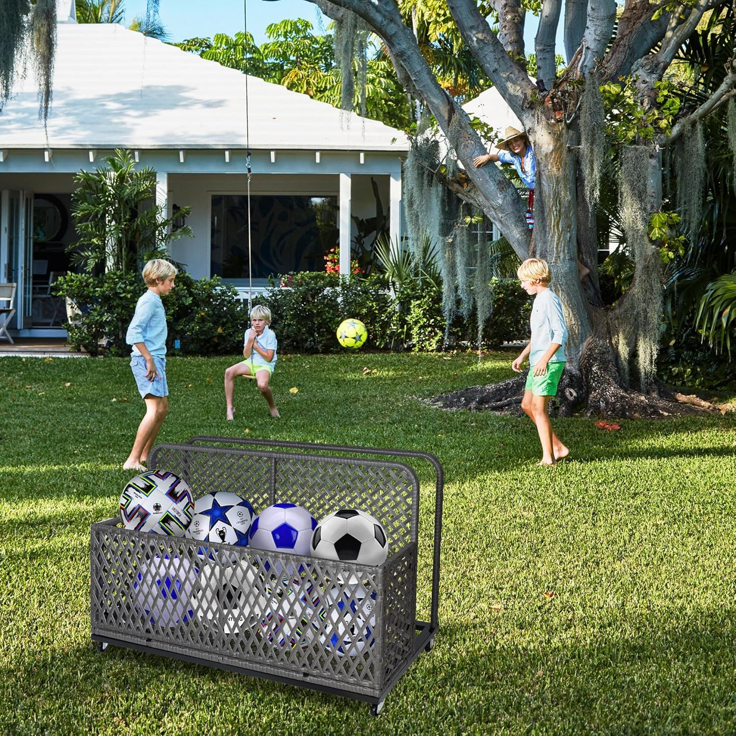 IDEALHOUSE Poolside Float Storage, Outdoor Storage, Patio Basket, Storage Box, PE Rattan Outdoor Pool Caddy with Rolling Wheels for Floaties, Patio, Pool, Beach-Sturdy & Movable, Diamond Gray