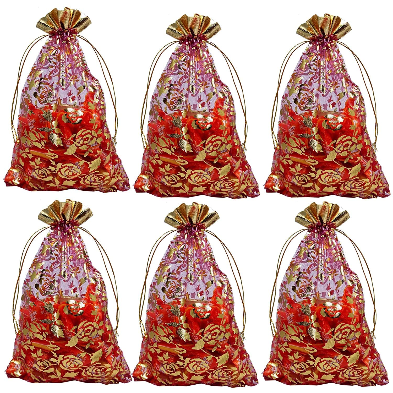 Evisha Big Size Organza Net Red Golden Print Party Gift Potli Bags Size 22 * 30 CM (25 Pcs)-image-6