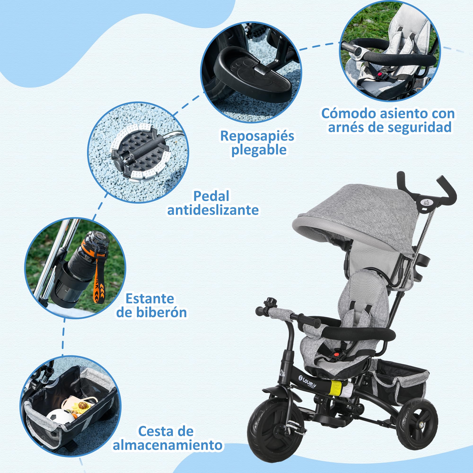 HOMCOM Triciclo Evolutivo para Bebés 6 en 1 Triciclo para Niños de 1-5 Años Bicicleta para Niños con Toldo Plegable Mango Telescópico Desmontable Cinturón de Seguridad y Cesto 95x50x106 cm Gris