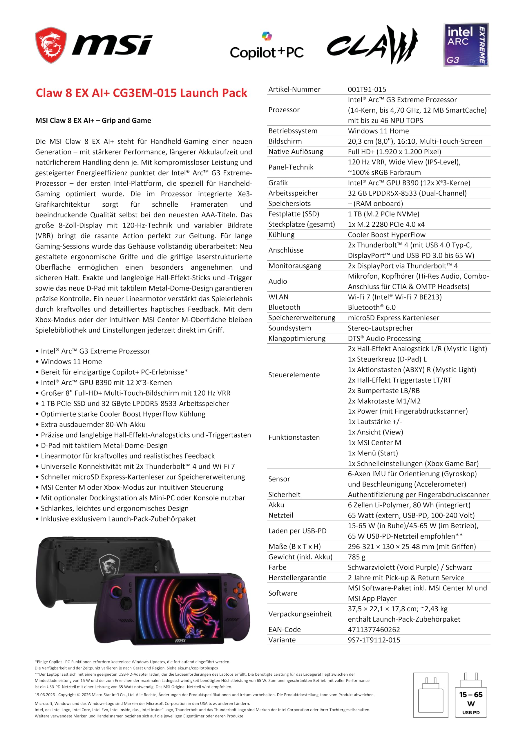 MSI Claw 8 EX AI+ Gaming Handheld, Launch Pack, 8 Zoll FHD+ 120 Hz Display, Intel® Arc™ G3 Extreme Prozessor, 32 GB RAM, 1 TB SSD, Intel® Arc™ GPU B390, Windows 11 Home, Void Purple, CG3EM-015