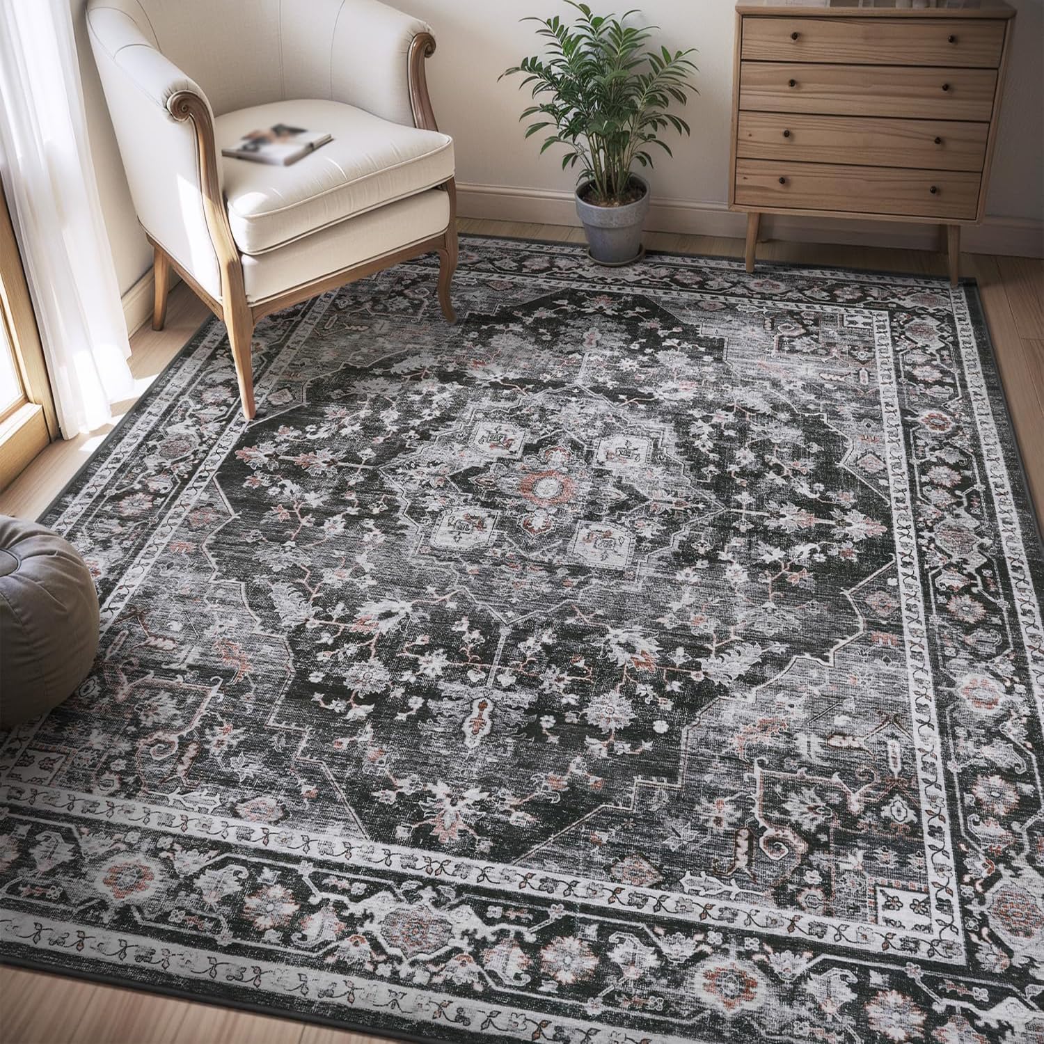 Tapis vintage gris noir 140x160 cm rectangulaire pour décoration de salon moderne