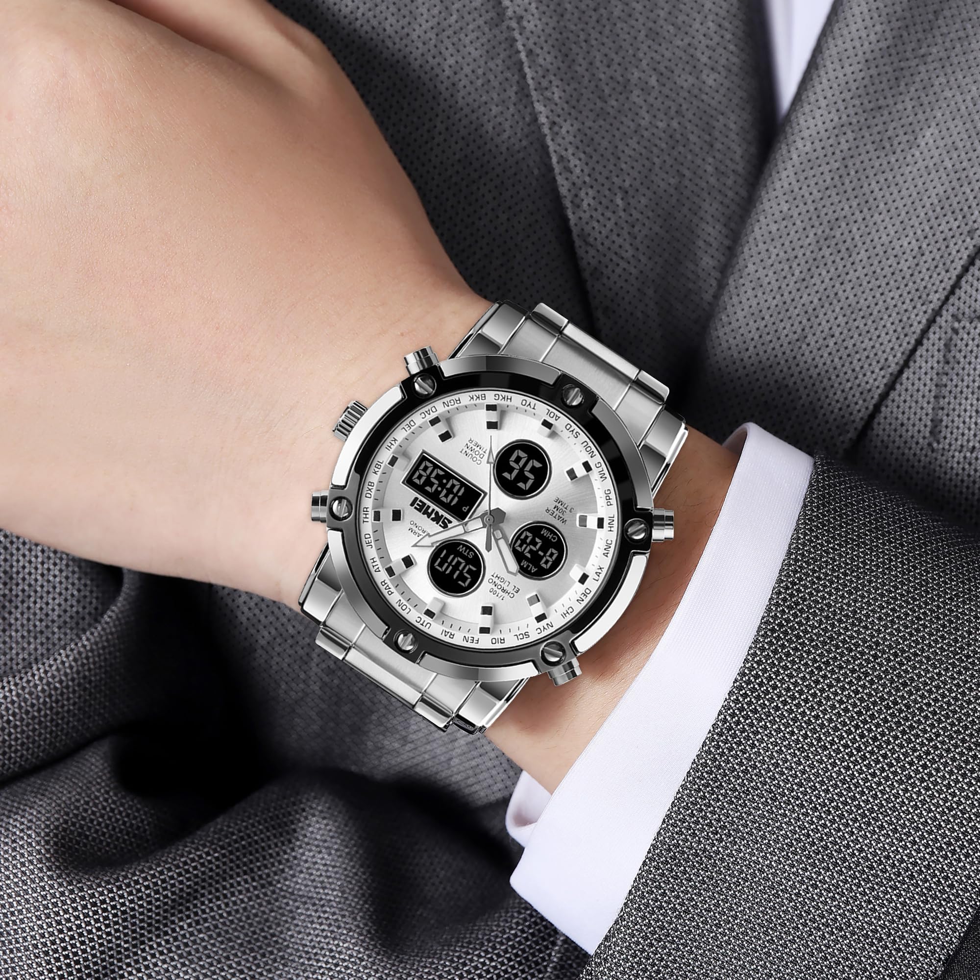 SKMEI Herren-Armbanduhr, wasserdicht, Militär, analog, digital, mit LED, Chronograph, Edelstahl, Business-Uhren für Herren