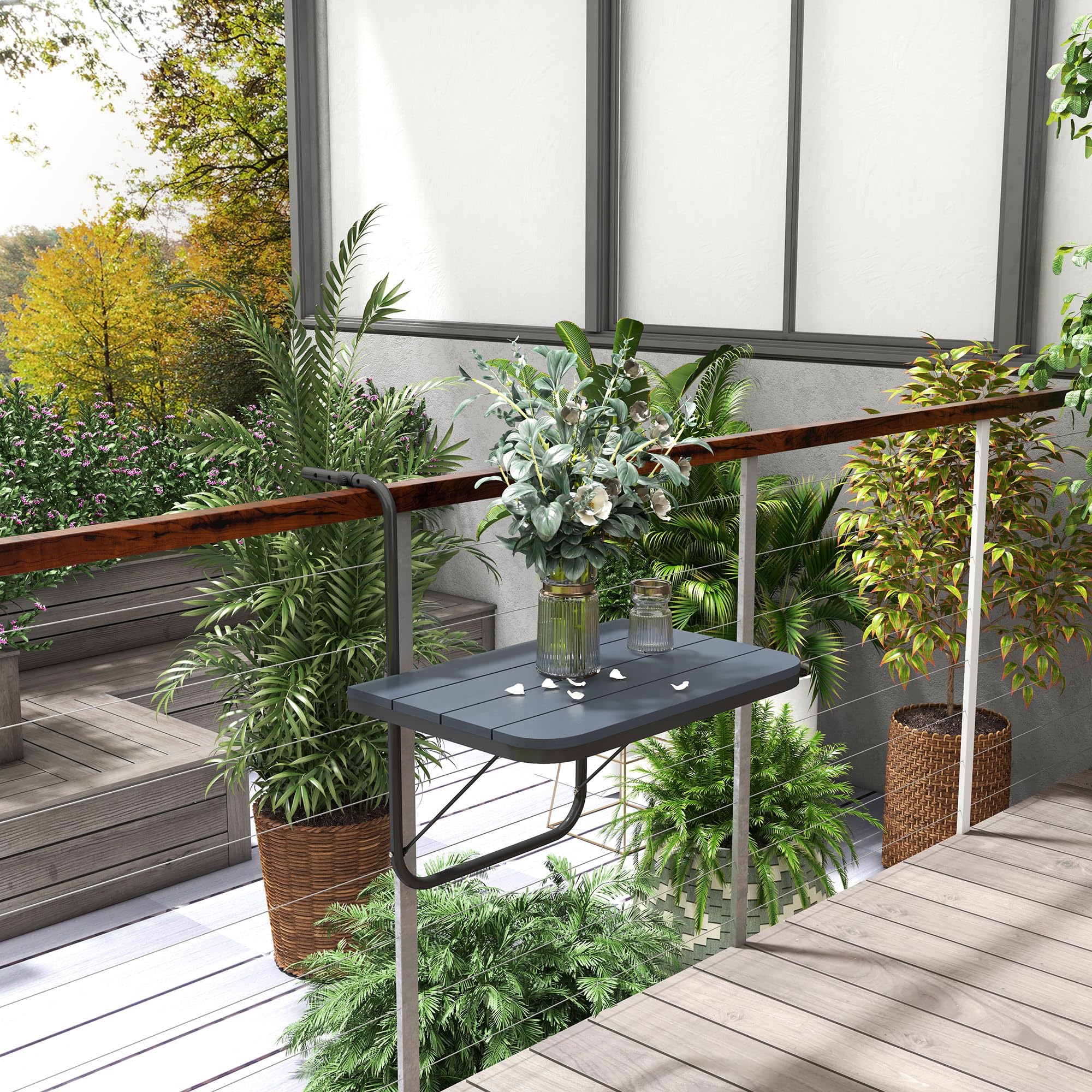 Outsunny Tavolino da Balcone Pieghevole Regolabile, Alluminio Composito Plastico Effetto Legno, Nero