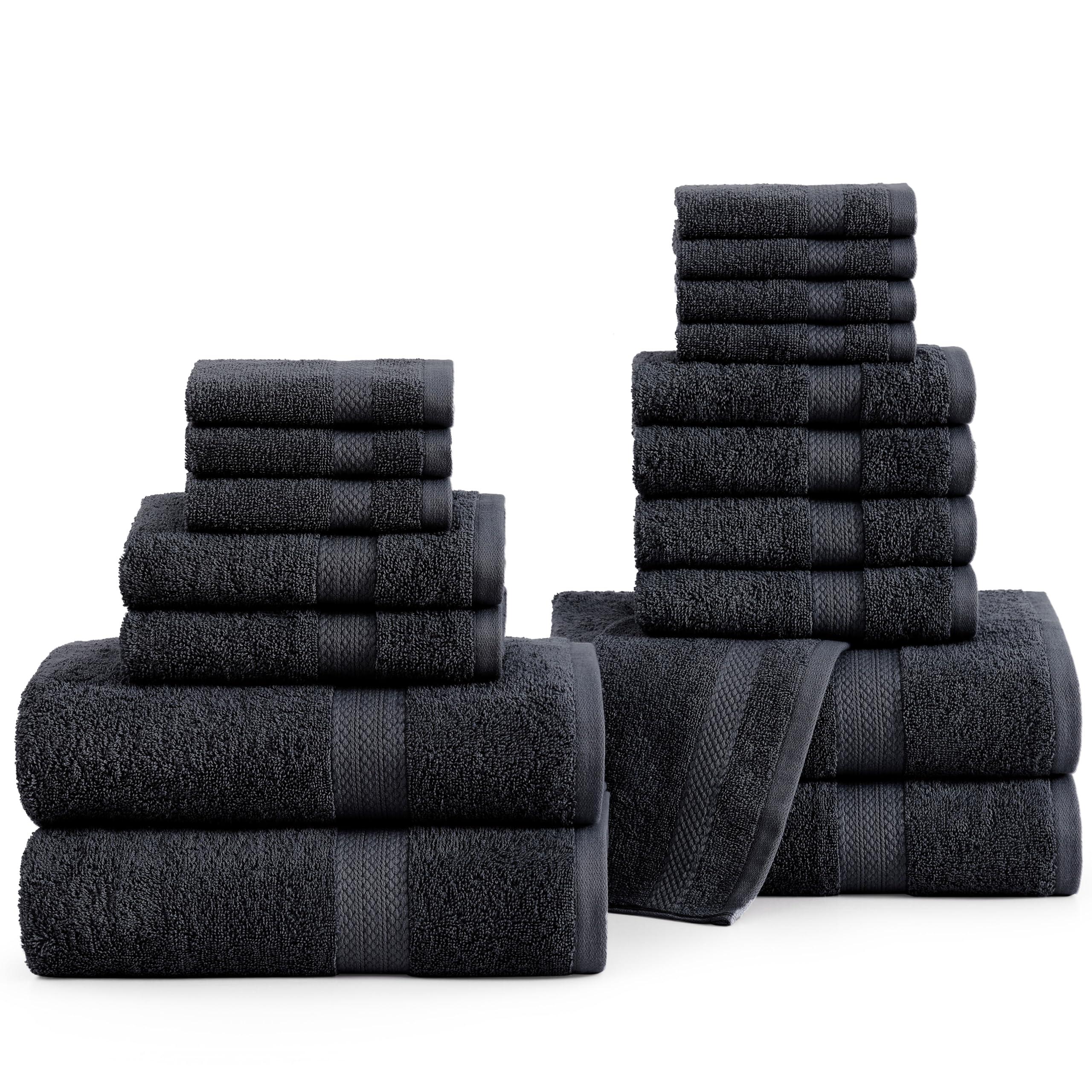 LANE LINEN Cotton Bath Towels for Bathroom Set-18 PC Bathroom Towels Set-4 Bathroom Towel Set, 6 Hand Towels for Bathroom, 8 Washcloths, Soft Turkish Towel Sets for Bathroom - Black