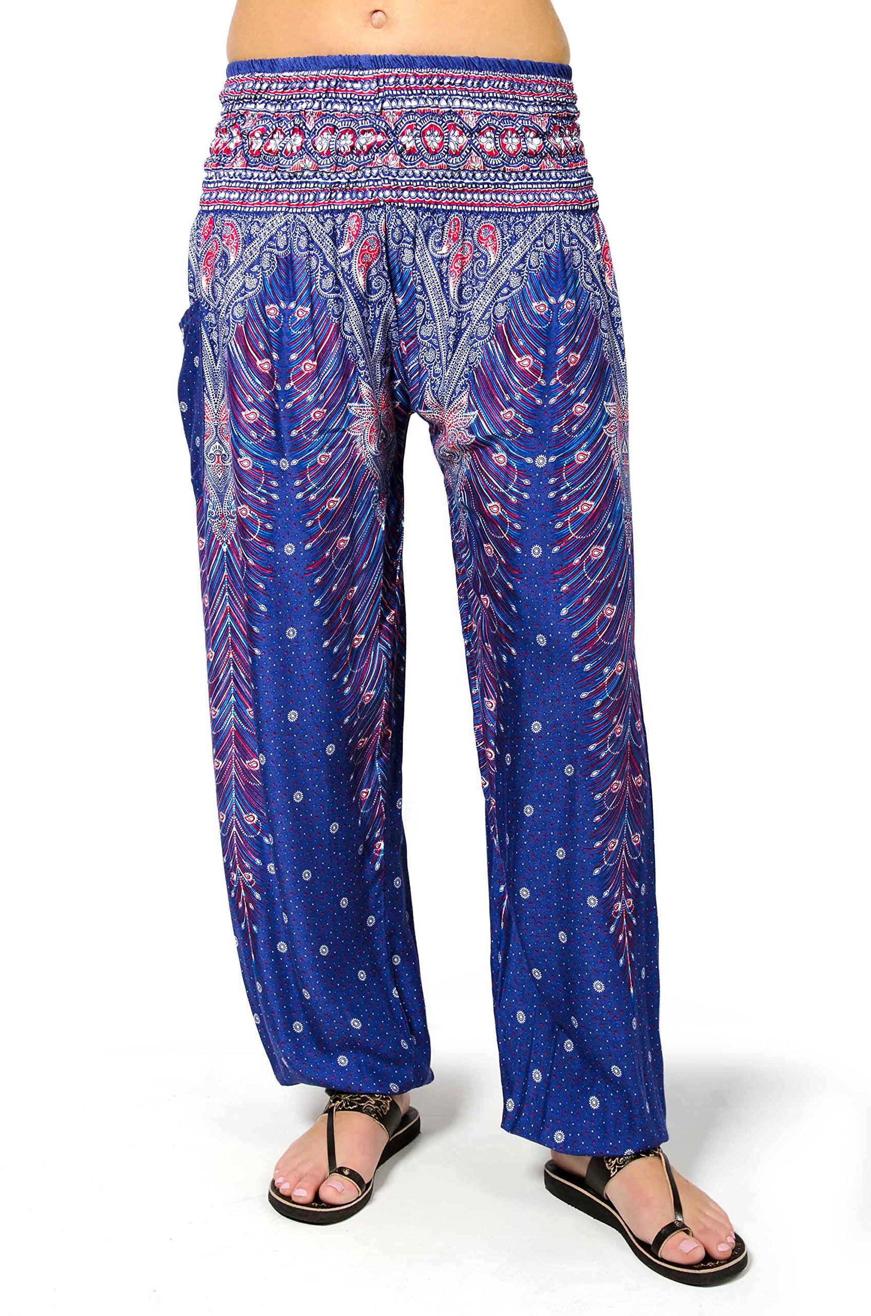 TCG Womens Peacock Print Smocked Waist Pants - Blue