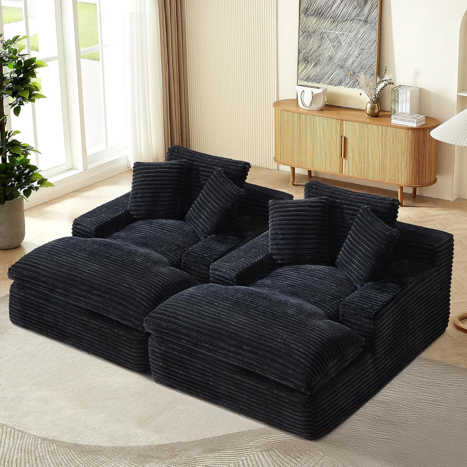 49.4 Inch Chaise Lounge Chair Indoor Single Piece- Oversized Corduroy Upholstered Sofa Bed with Armrests, Sleeper Couch Reading Chairs, Cloud Sofas Couches for Living Room (Black)