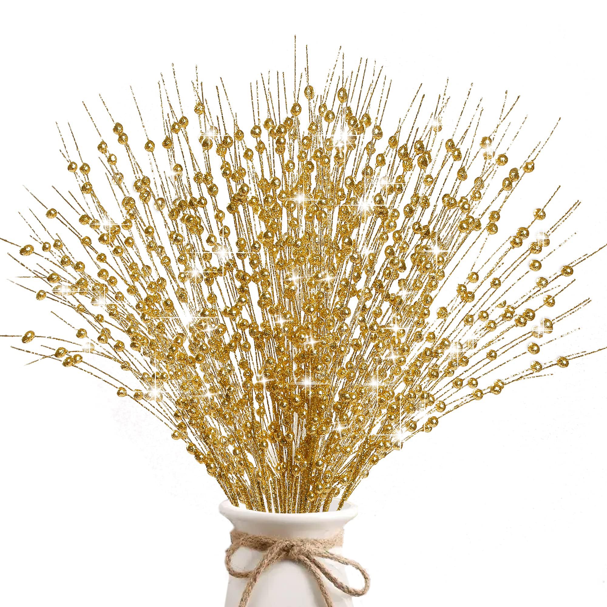 15 Pack Artificial Glitter Berry Stem Ornaments 17 Inches Fake Picks Decorative Glitter Sticks for Tree DIY Wreath Crafts Gift Fireplace Holiday Home Decor (Gold)