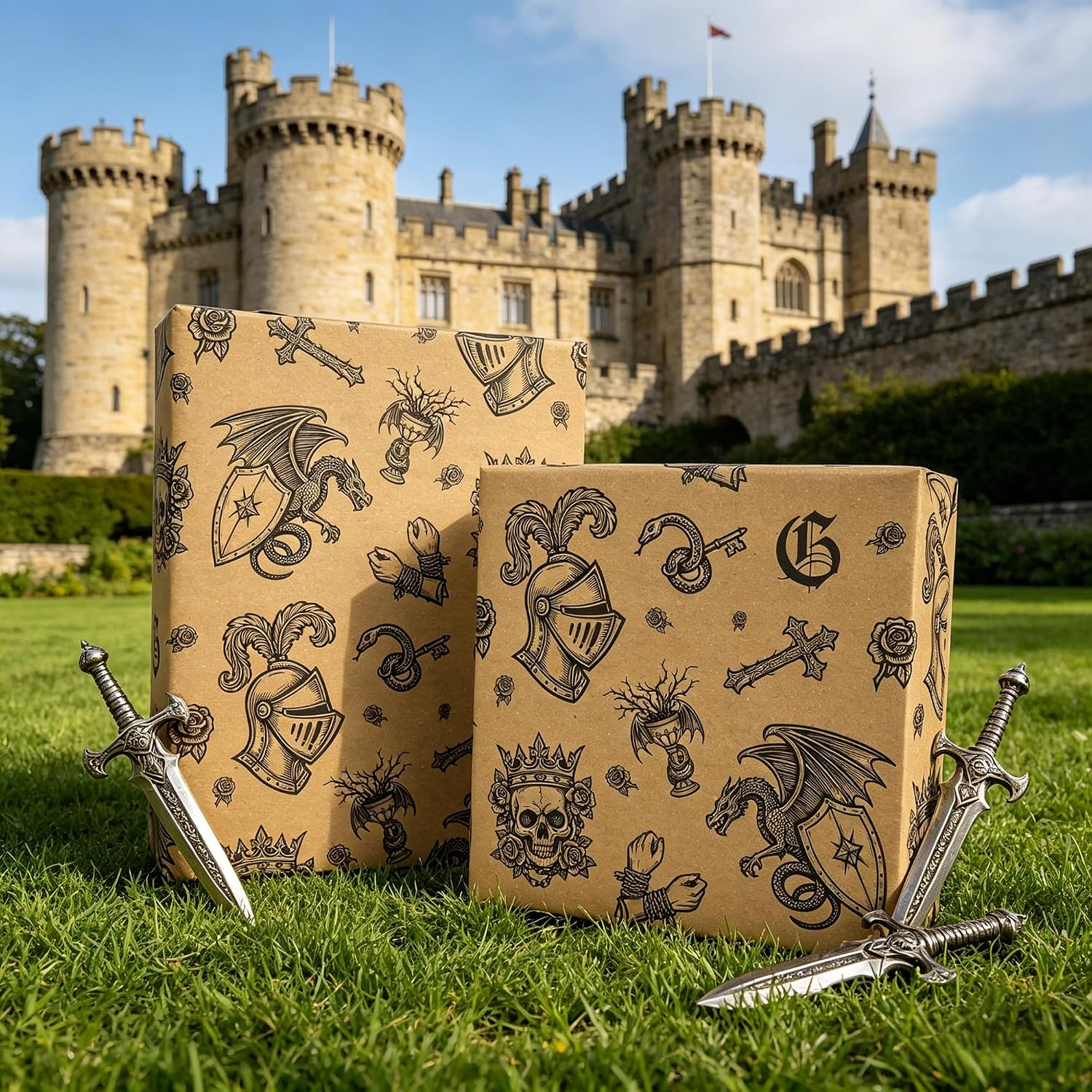 Vnaaem Kraft Dragon Wrapping Paper Roll for Teens Adults Gamers - Vintge Medieval Fantasy Themed Dragon Knight Gothic Design Gift Wrap for Holiday Party Supplies(Total 28.5sq.ft)