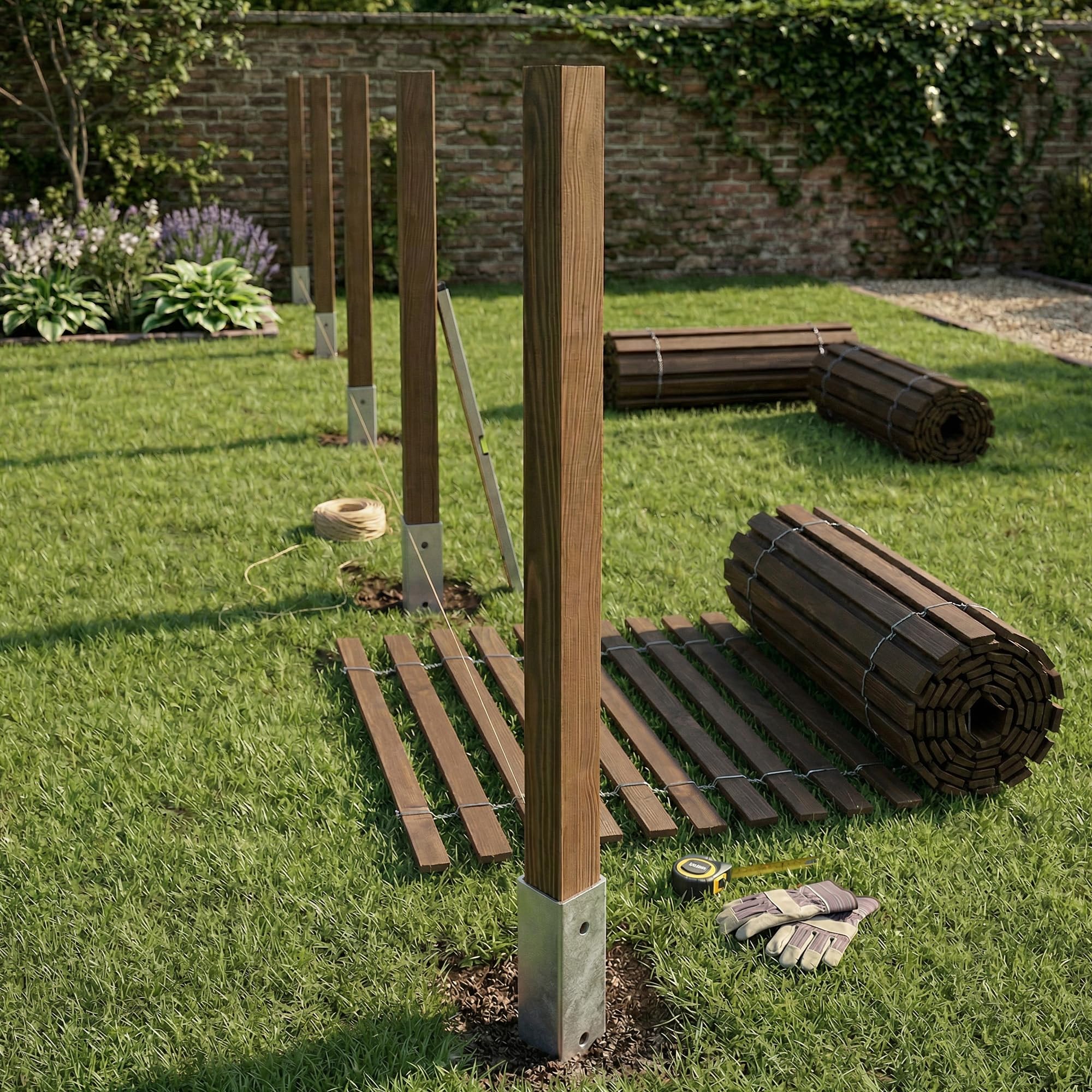 BOGATECO Postes de madera impregnada, 120 x 5 x 5 cm, juego de 6 postes cuadrados con cabeza plana con casquillo para el suelo, madera cantada, madera marrón oscuro