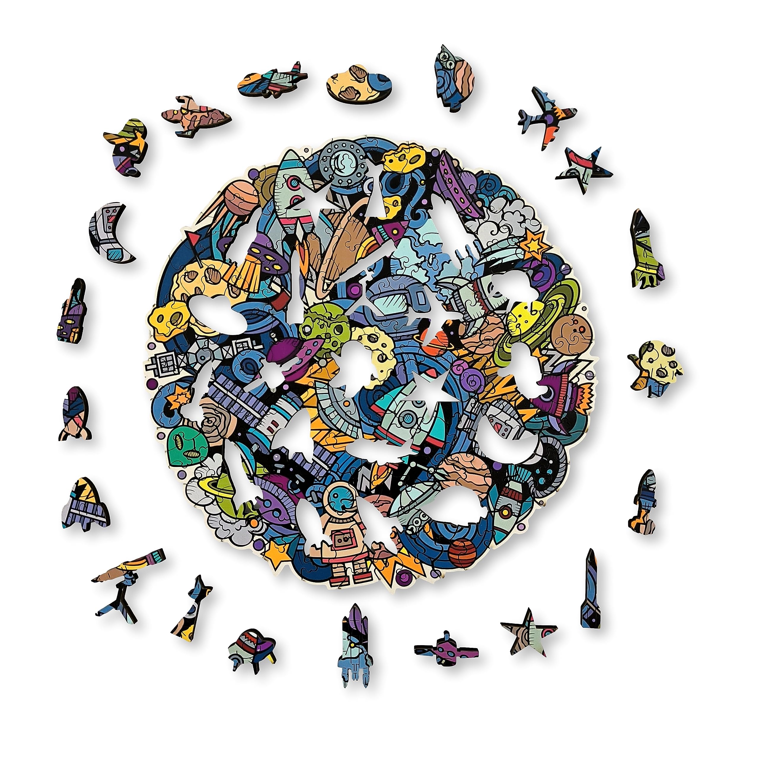 ANIWOOD Puzzle en Bois en Forme d'animal. Couvercle découpé à la Taille réelle du Puzzle. Contient des pièces Uniques d'animaux (Mandalas Espace, M)