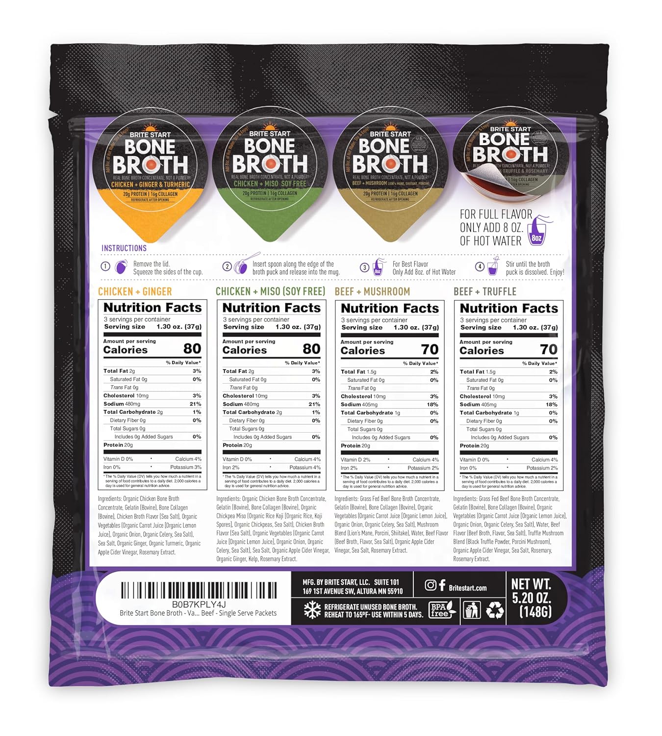 Brite Start bone broth concentrate gel packets variety pack, restorative protein, 20g protein, 16g collagen, beef and chicken, 4 flavors, 4 count