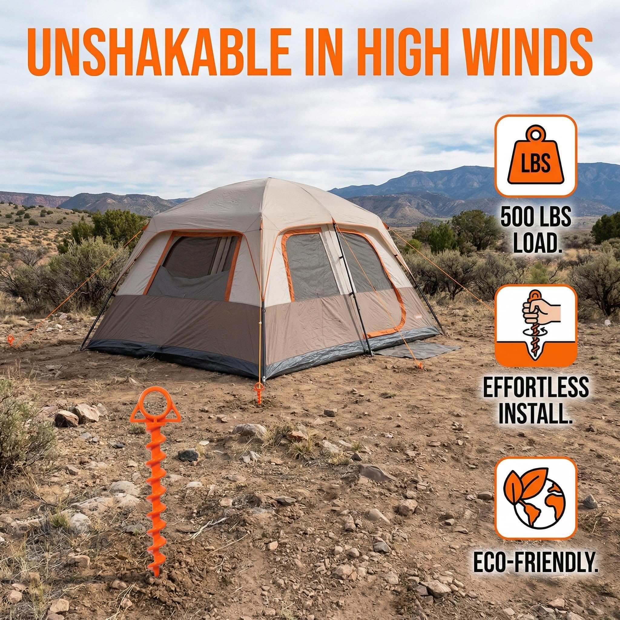 Ultimative Bodenanker: Robuste Zeltheringe zum Einschrauben für hohen Wind, Sand, Vordächer und Camping, hergestellt in China, 100 % recycelt, inklusive T-Griff-Werkzeug – (groß, 1 Stück, orange)