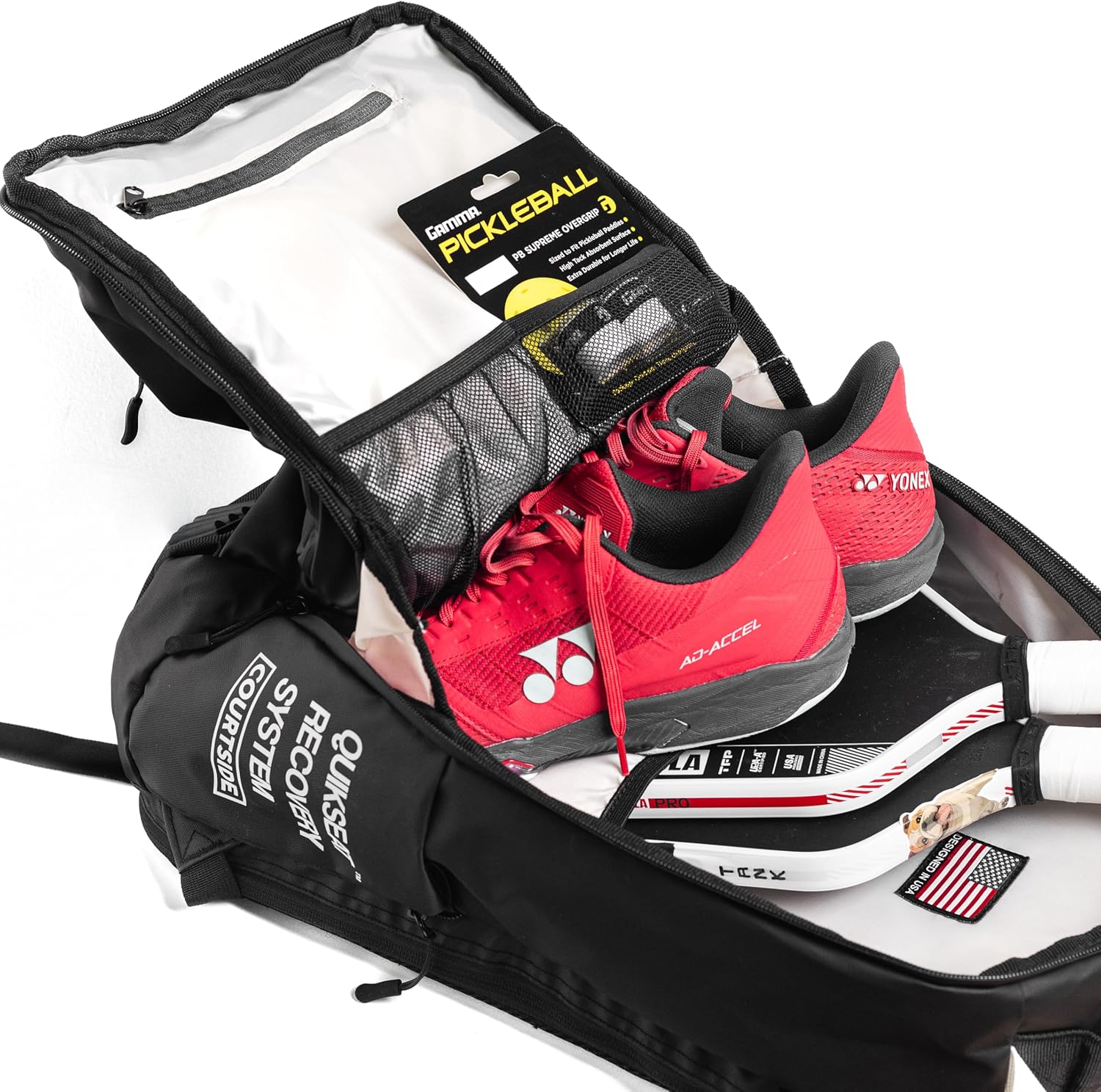 Courtside Pickleball x Pickleball Will Collab backpack with built-in folding chair(up to 300lb). For Men & Women w/Fence Hook/Safety Pockets/Fits 2+ Paddles/Shoes/bottle pockets/waterproof shell.