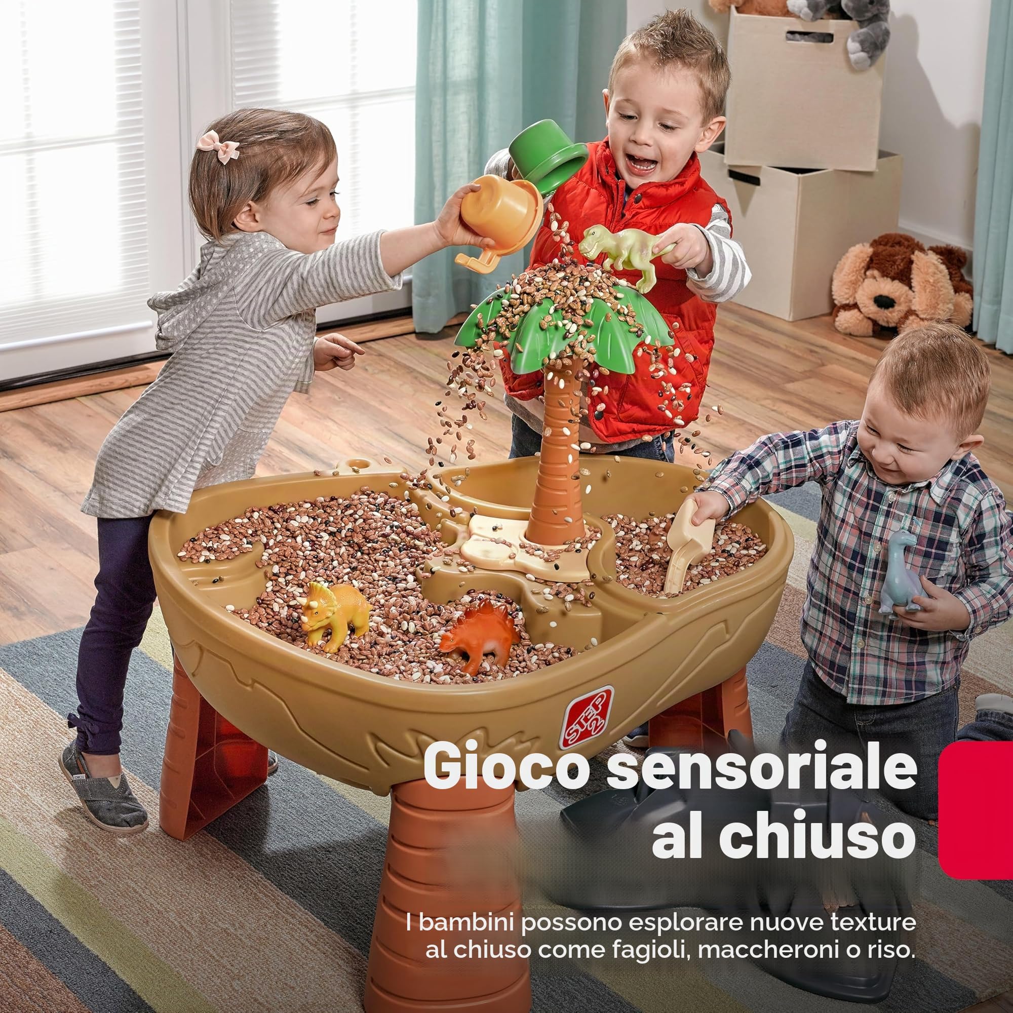 Step2 Dino Dig Tavolino da Sabbia e Acqua | Sand And Water Table per 15L di Acqua e 9kg di Sabbia | incl 7 Accessori | Giochi d'Acqua per Il Giardino