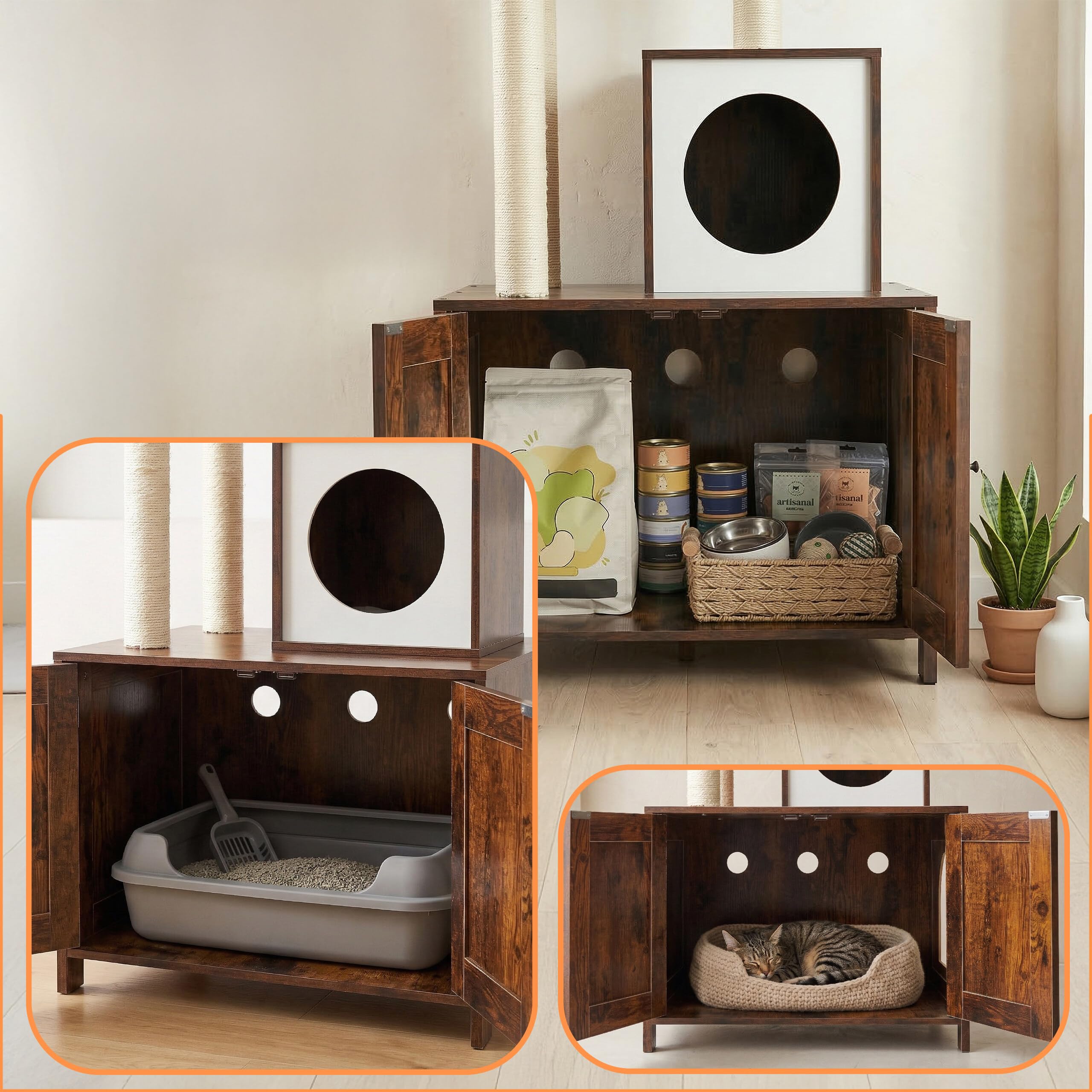 Relaxdays Kratzbaum mit Katzenkloschrank, HBT: 150 x 60 x 49 cm, Sisalstämme & Liegemulde, Industrial, Dunkelbraun/weiß