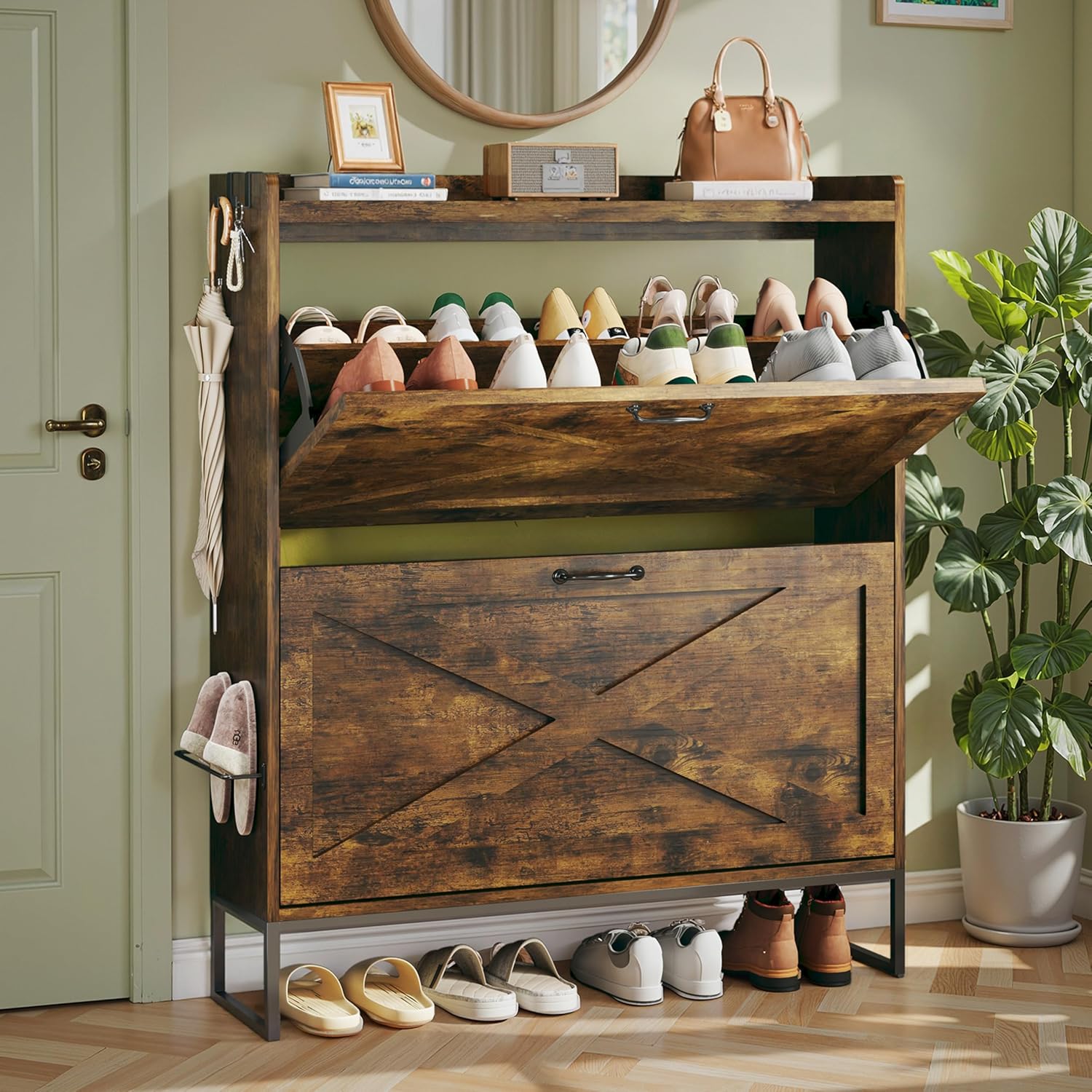 Shoe Cabinet with 2 Flip Drawers, Shoe Storage Cabinet with Metal Legs & Adjustable Shelves, Freestanding Shoes Organizer Cabinet for Entryway, Foyer, Hallway