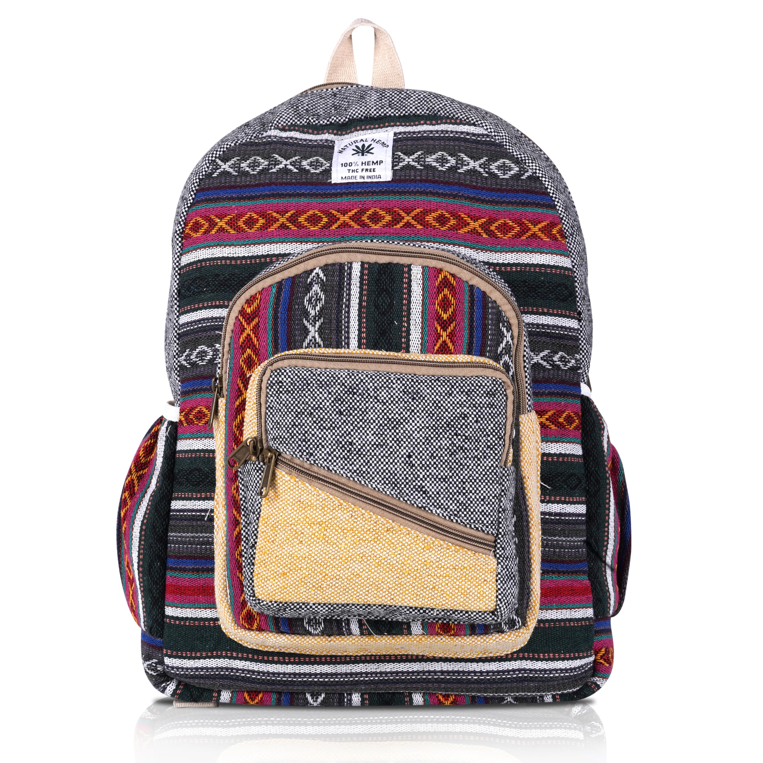 Marubhumi Hemp Backpack Traveling Laptop Lightweight Traveling Backpacks Cotton Stripe Daypack Handmade Himalayan Bohemain 15.6-inch notebook (Large