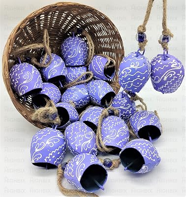 HIGHBIX 7cm Hand Painted Festive Décor Hanging Bells Set of 10 with Jute Bag Hand Painted (Purple, 7cm)