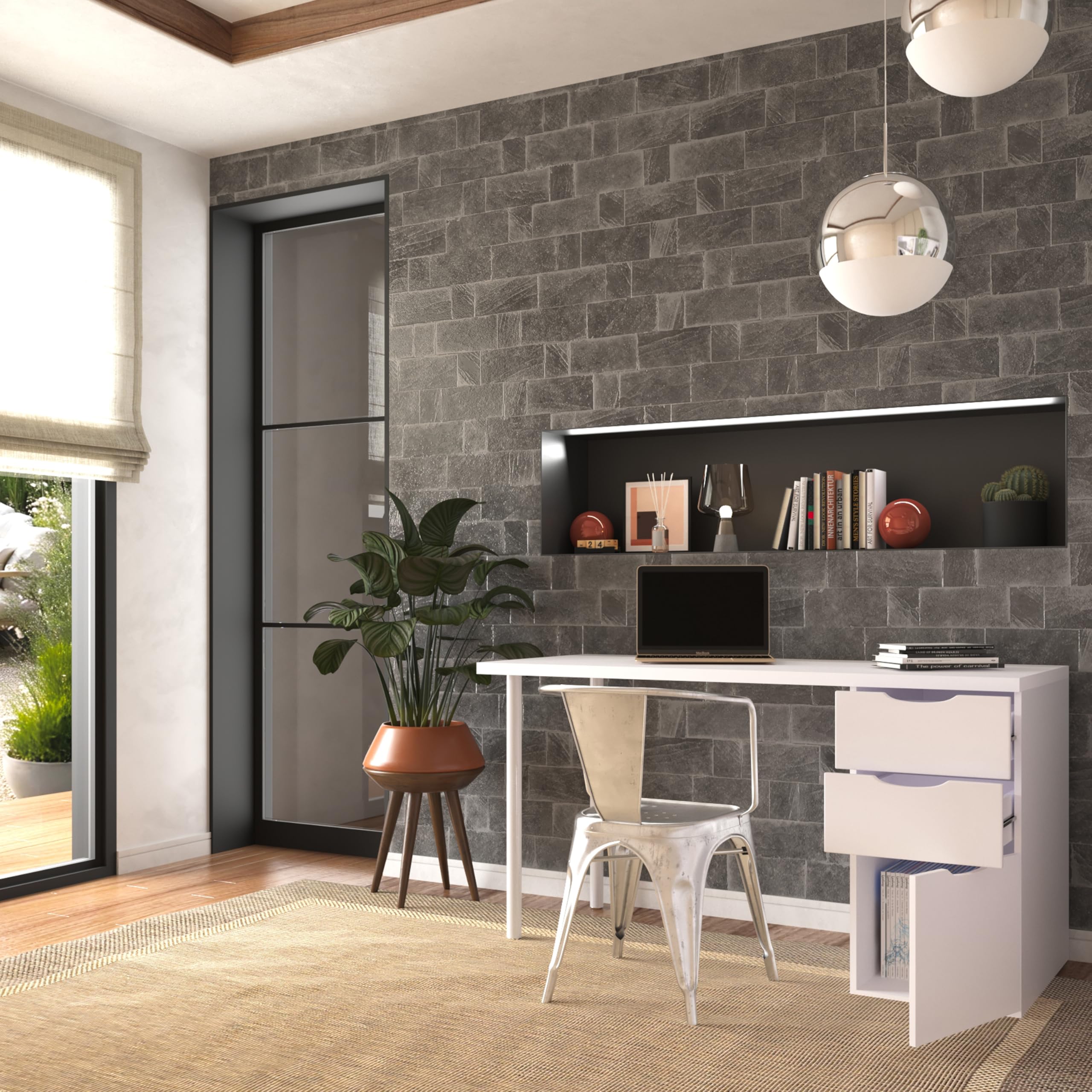 duehome | Mesa Ordenador Reversible con 2 Cajones y 1 Puerta, Mesa Despacho, Escritorio, Modelo Luma, Acabado en Color Blanco Artik, Medidas: 138 cm (Ancho) x 60 cm (Fondo) x 74 cm (Alto)