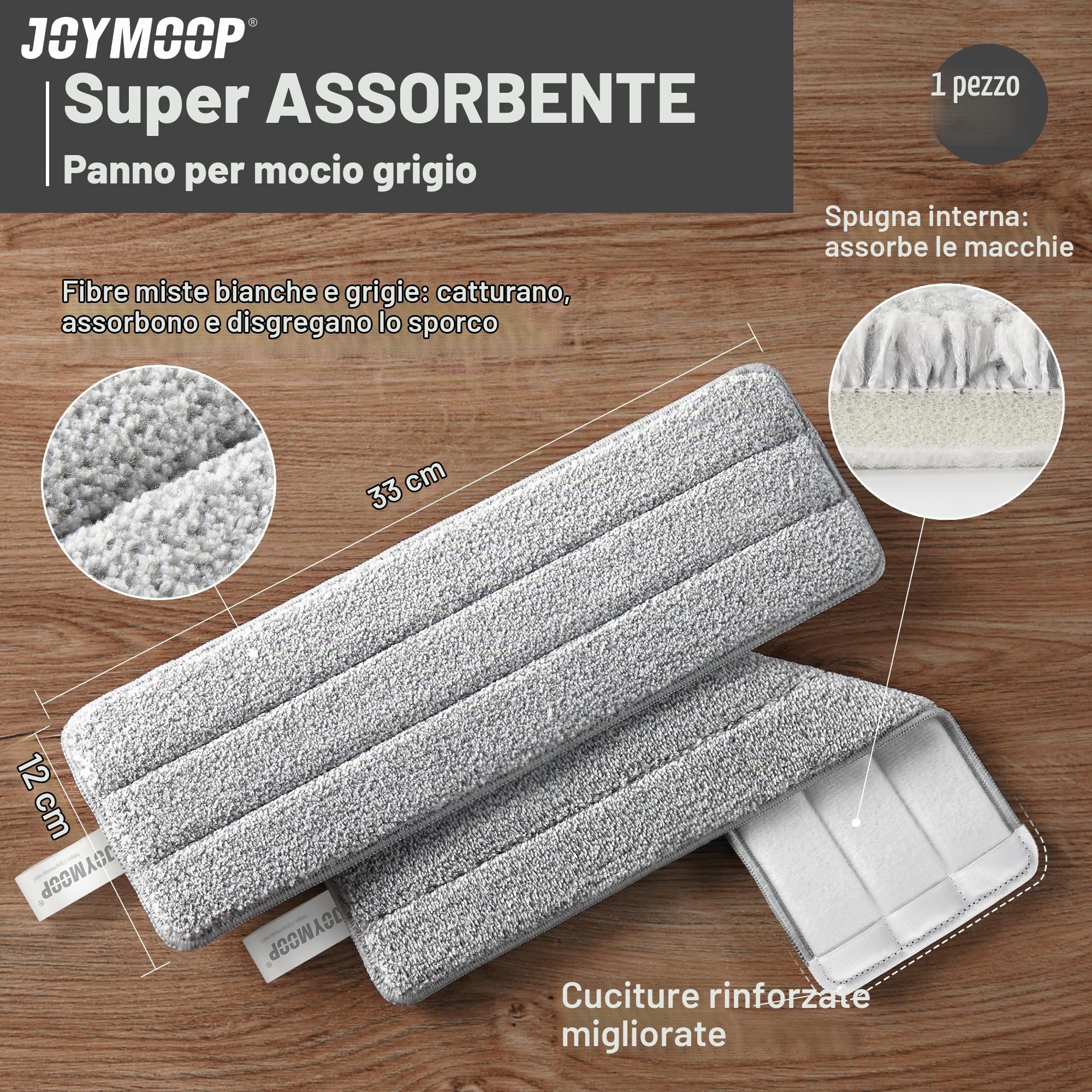 JOYMOOP Kit Mocio Piatto e Secchio + 5 Panni + 18 Panni in Microfibra + 1 Ricarica, Sistema Pulizia Pavimenti Mani Libere, Lavabile Riutilizzabile