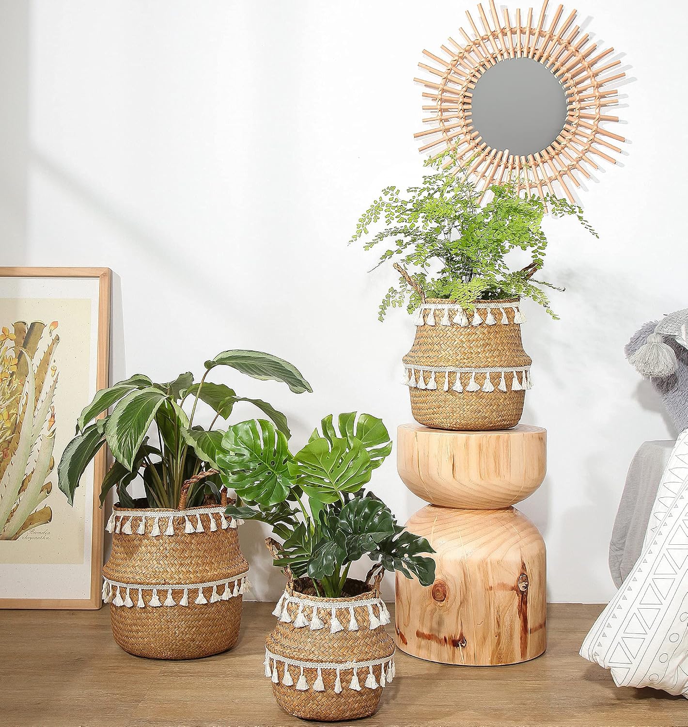 JANZAA Planter Boho Basket 3 Pack Tassel Seagrass Baskets with Handles Plant Pots Woven Baskets for Storage Bohemian Decor Garden Planter
