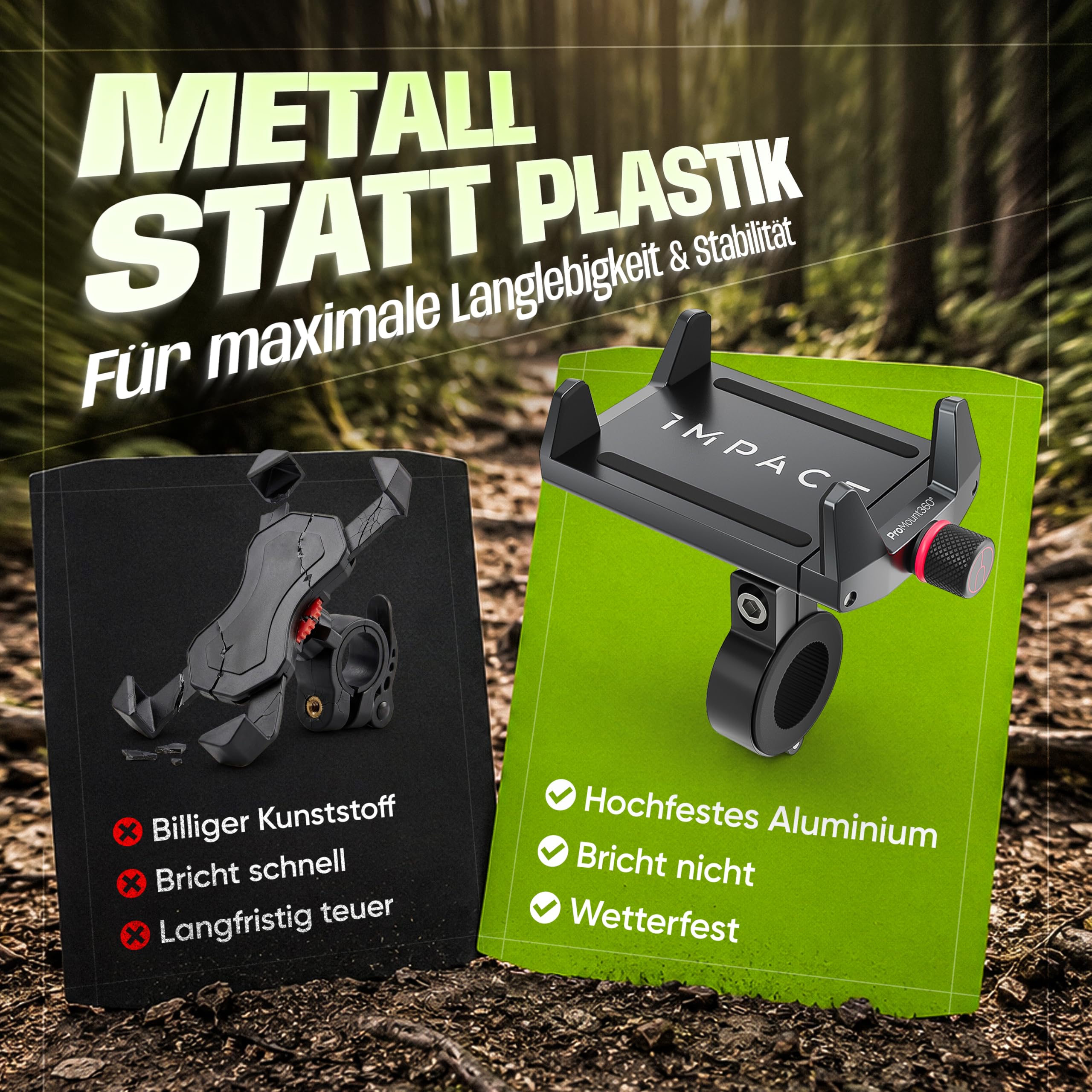 Impact® Pro Mount 360° - Handyhalterung Fahrrad [Smartphone KOMPATIBEL 4-7 Zoll] - Handyhalter Fahrrad - Handyhalterung für Fahrrad Lenker mit Kugelgelenk & Sicherheitsgummi - iPhone 14 15 Pro Max