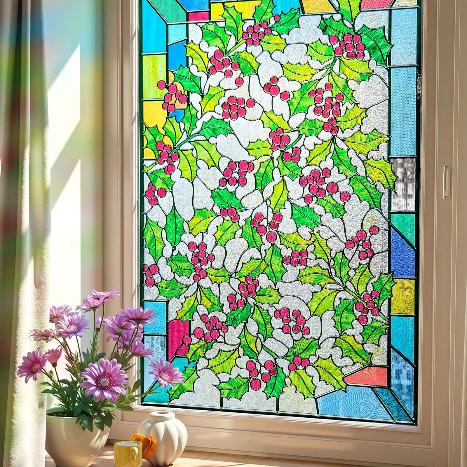 Stained Glass Window Film, Window Privacy Static Cling Frosted Window Film for Glass Decorative Window Privacy Film for Bathroom, Holly 60X90CM — image 1