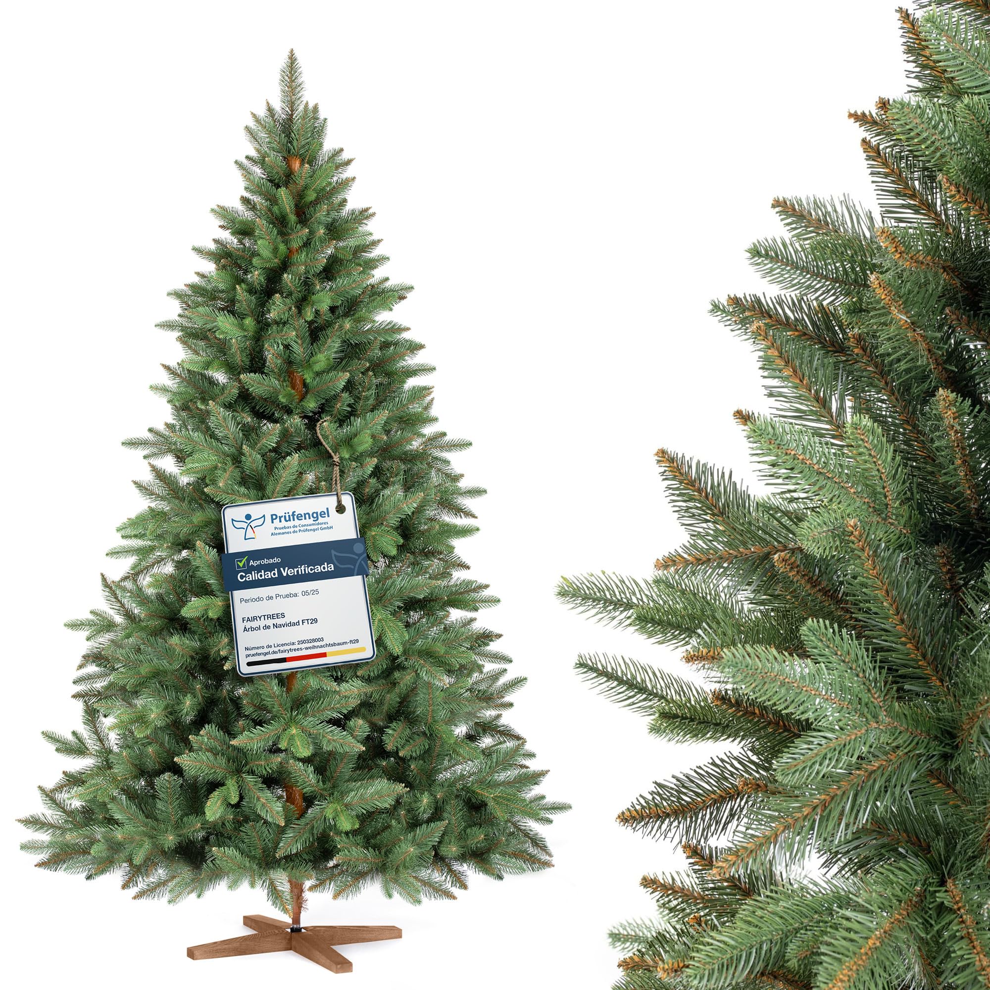 FAIRYTREES Árbol de Navidad, Nordmann Premium 180cm, Hecho en la UE, Árbol Artificial Navideño, Árbol de Navidad con Mezcla de Dos Materiales, Árbol con Soporte de Madera de
