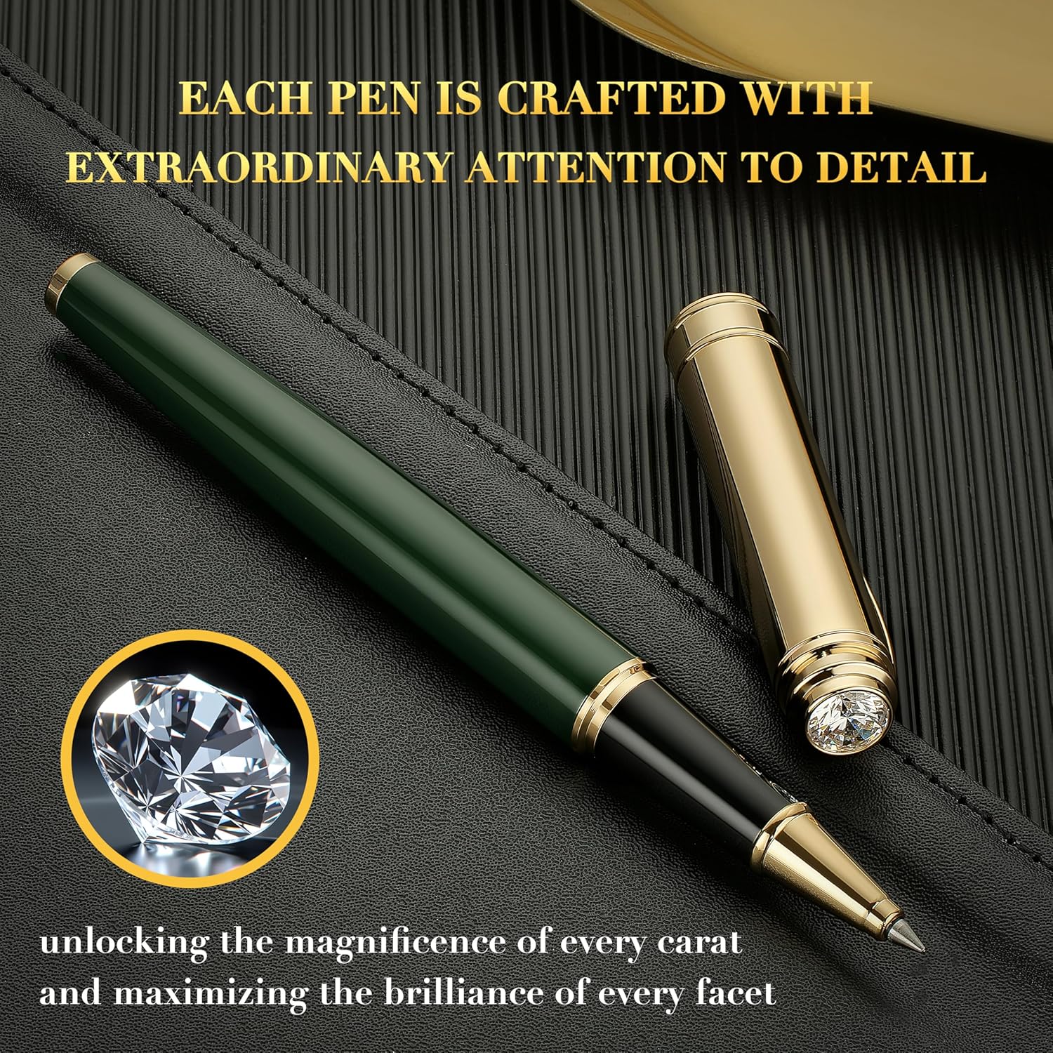Luxury Rollerball, With 8mm Brilliant diamond,Green Lacquer Pen, Attractive 24K Gold Finish, Schmidt Ink Refill,Glitter Fancy Pens Gifts for Men & Women, Office, Executive, Nice Designer pens - Image 6