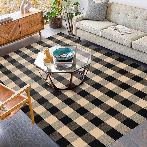 Vista 127 de KILOCOCO Alfombra de rayas beige de 2.3 x 3.6 pies para interiores y exteriores, alfombra tejida a mano de algodón lavable a rayas para puerta Rayas