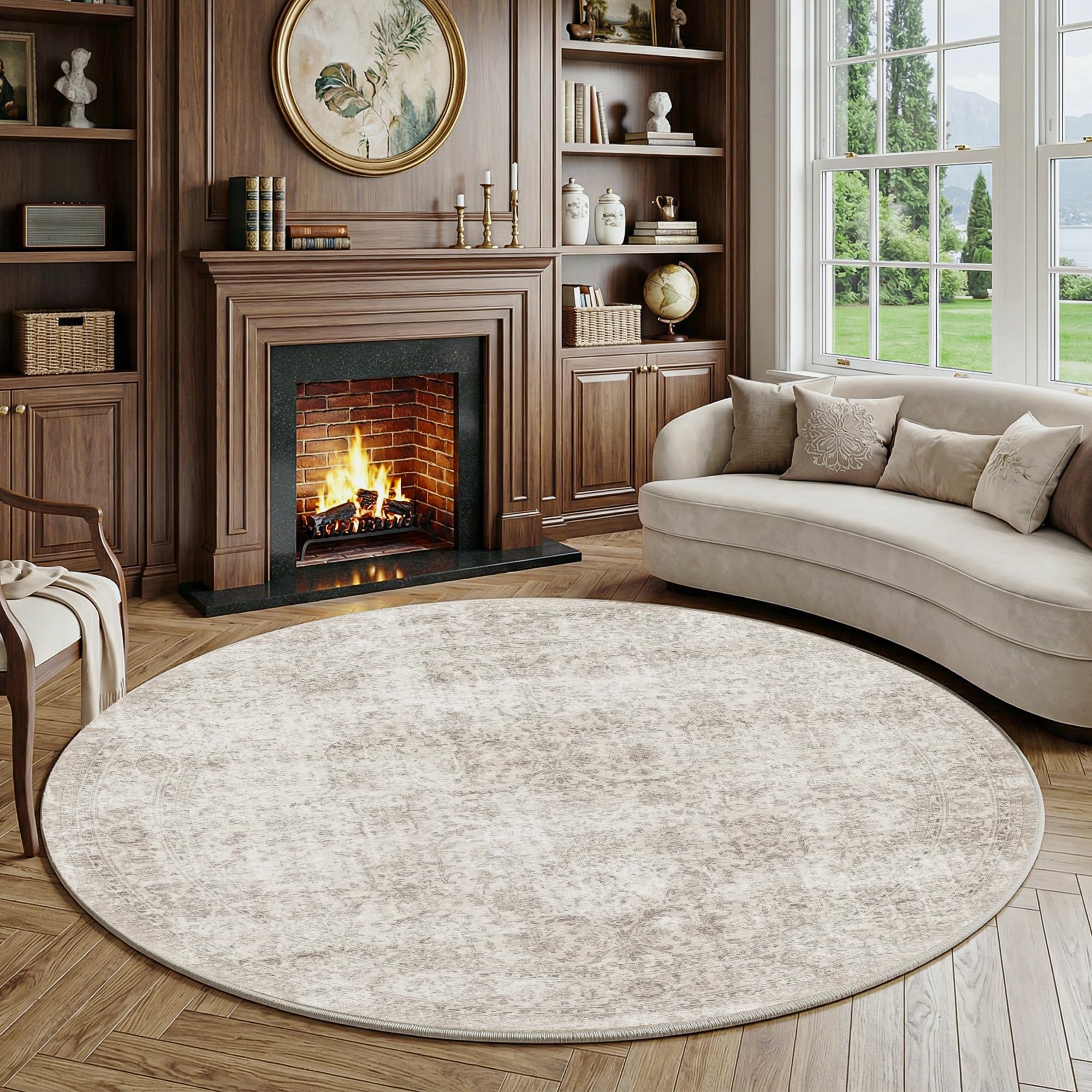 8-Foot Round Vintage Neutral Area Rug
