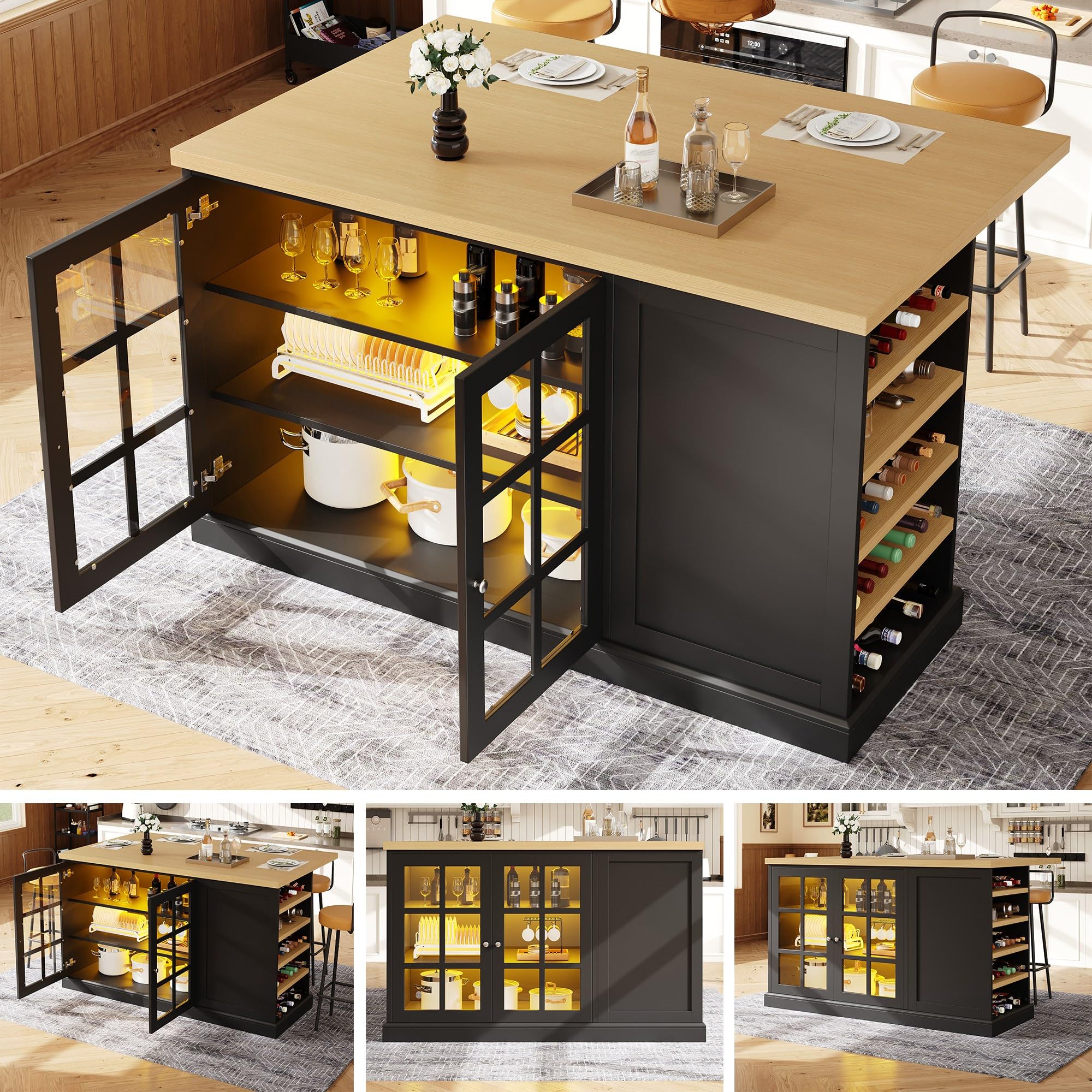Klappbarer Bartisch Kücheninsel mit Smart LED Farblicht, Schräges Weinregal & Aufbewahrungsschublade, Platzsparend für kleine Wohnungen, USB-Betrieb