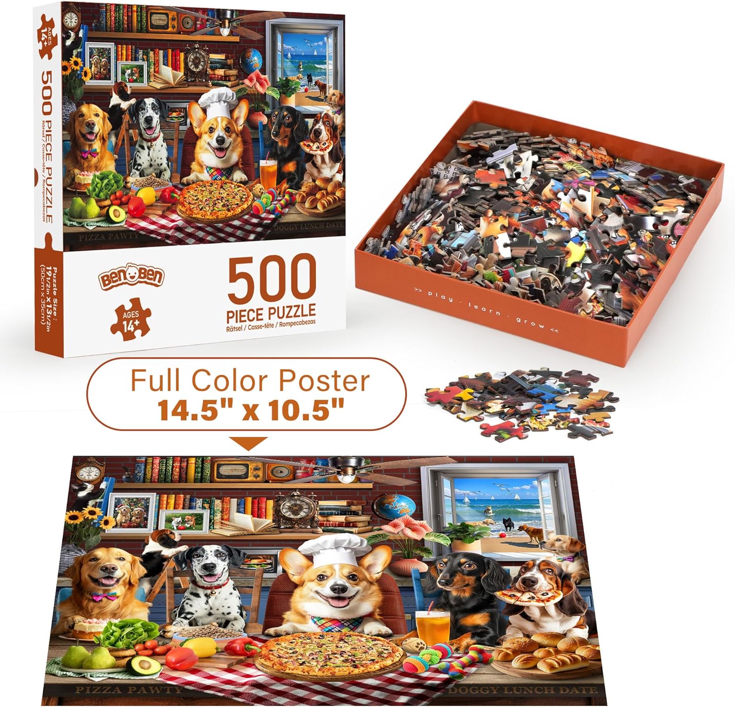 BenBen Puzzles for Adults 500 Pieces, Dogs' Dinner Party, Dog Jigsaw Puzzle with Patterns on Back, Funny Animal Puzzle, Challenging Puzzles for Family Game Night, Home Décor