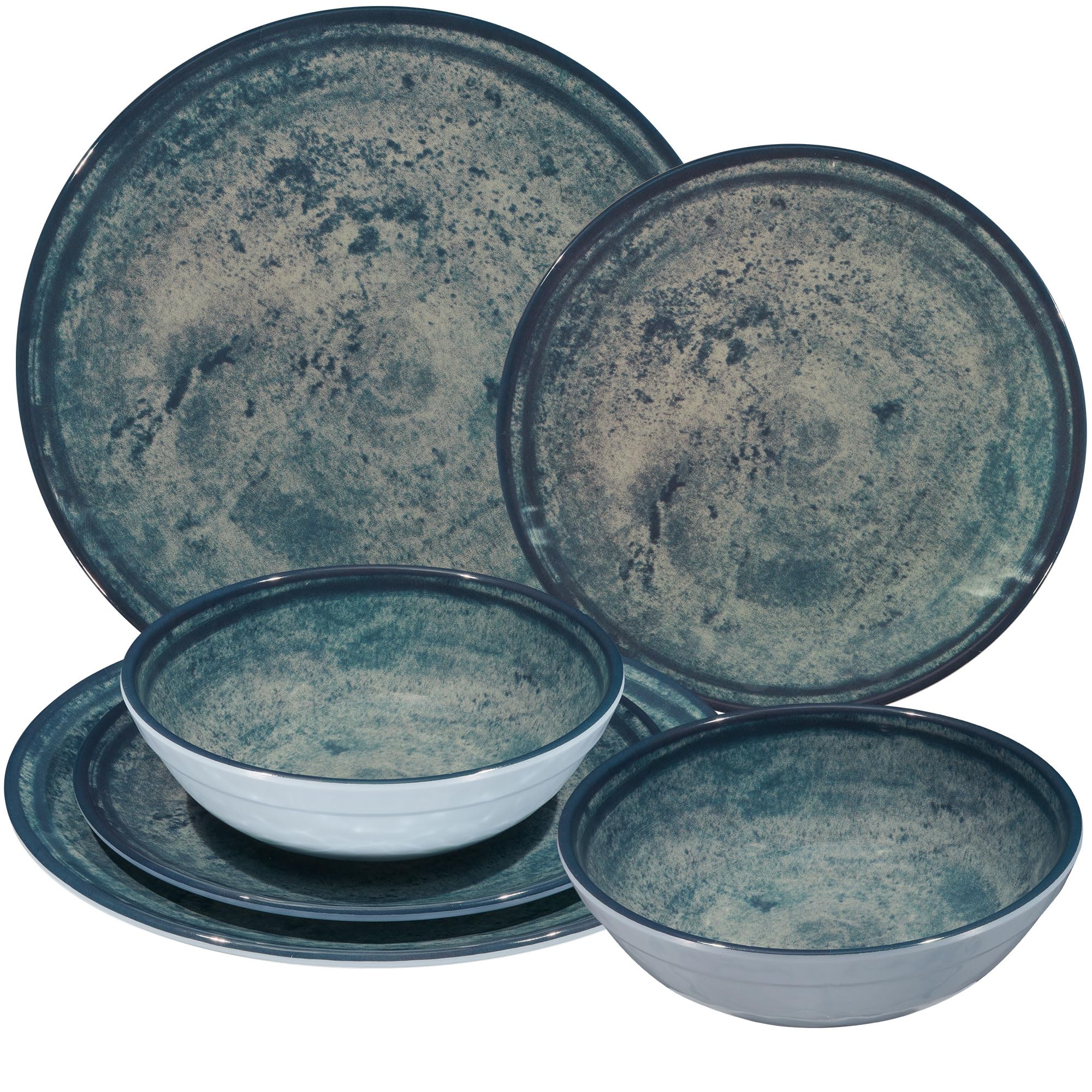 Melamin Geschirr Set Mondgranit Blau-Grau für 2 Personen - Steingutoptik Spülmaschinengeeignet Essgeschirr Campingzubehör Campinggeschirr Wohnwagen Camping Festival Picknick Gartenparty