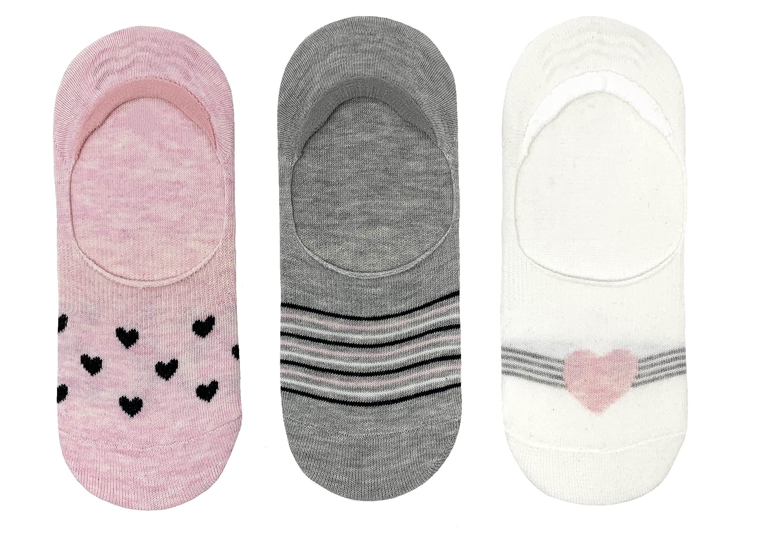 Flexitop Women's Assorted Heart Design Invisible Liner Socks | 3 Pairs | U.k. Size 4-7| Pink/Grey/White Mix No Show Sock, Soft Hold, Comfort Socks, Gentle Grip Socks