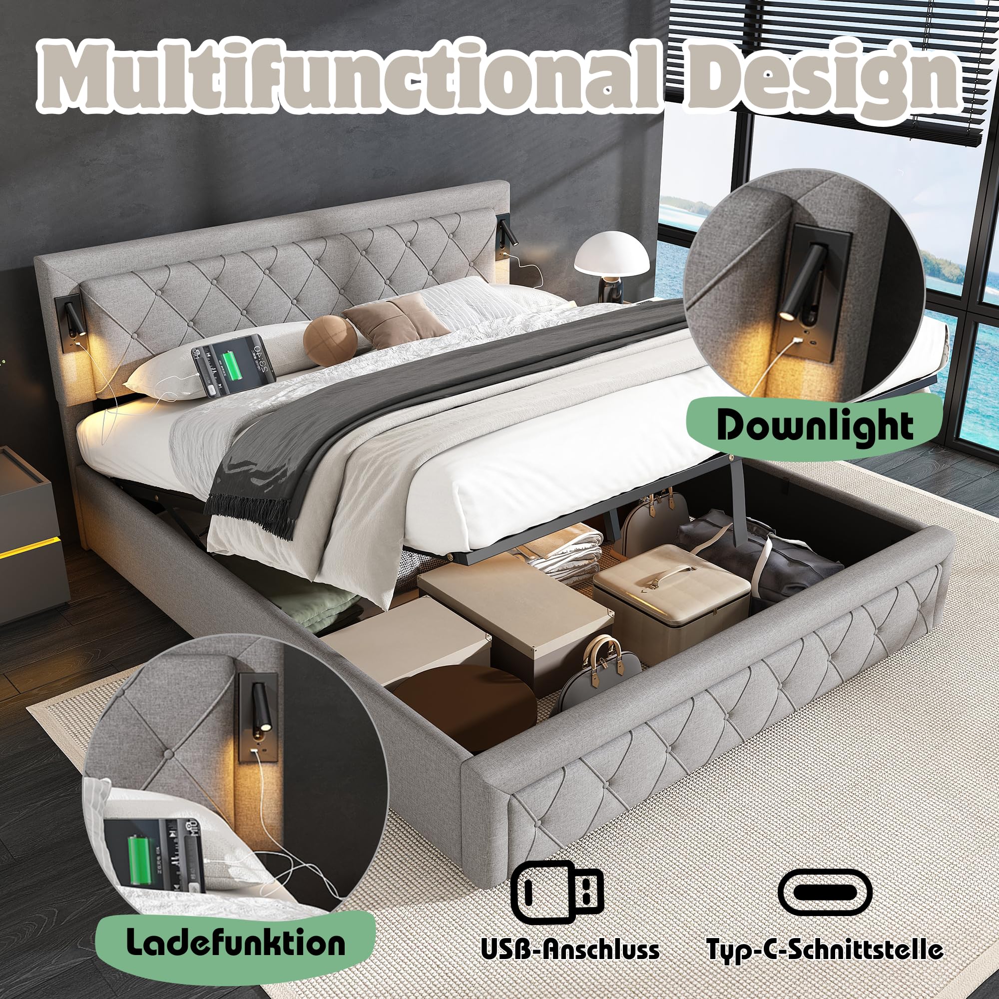 Aoskem Polsterbett 180x200 cm Doppelbett mit Stauraum, Kopfteil mit Leselicht & USB-Ladestation, Stauraumbett Bettgestell mit Lattenrost, Jugendbett Rückenlehne Flachbett, Ohne Matratze, Leinen Grau