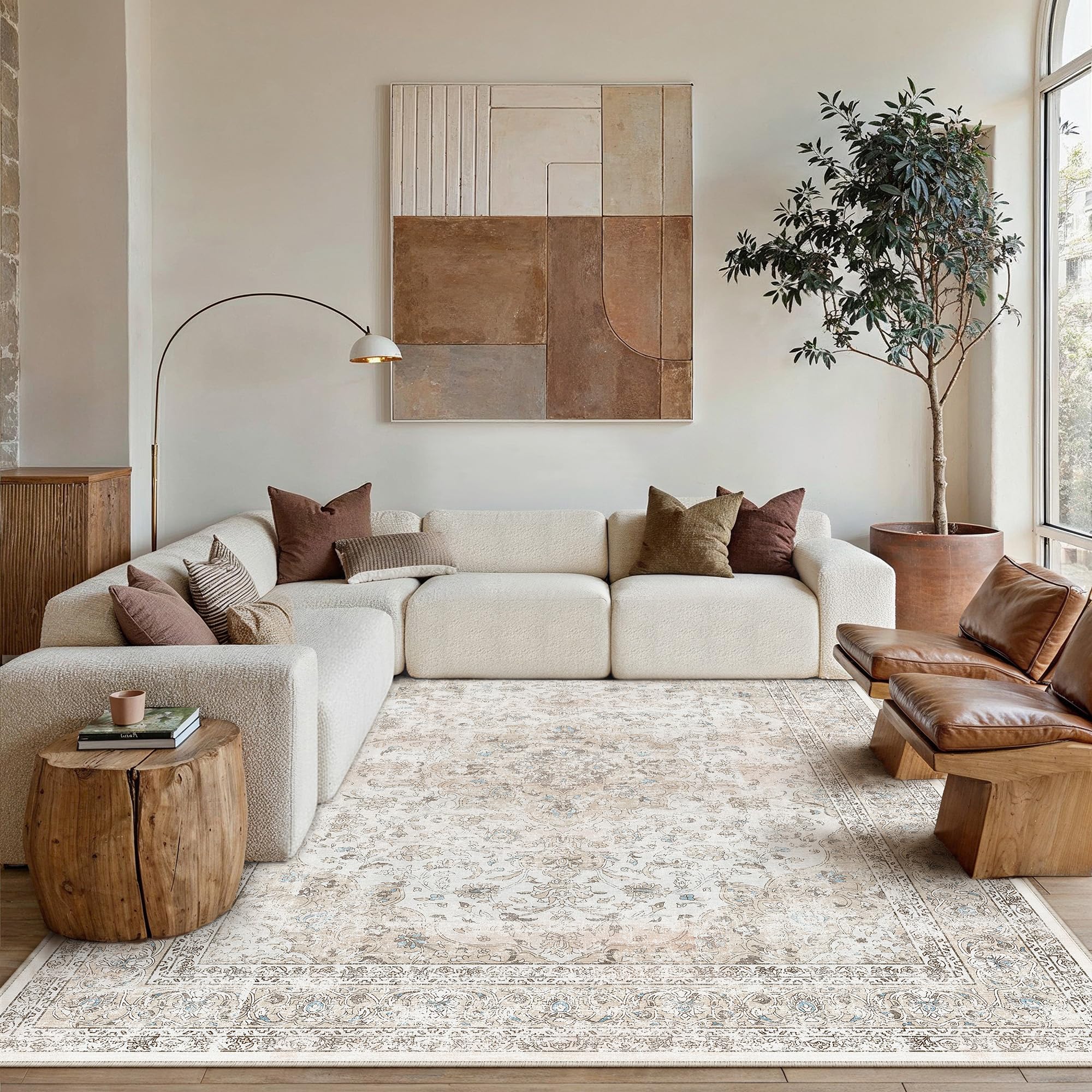 PureCozy Teppich Wohnzimmer 200x300cm Beige Waschbarer Vintage Cream Wohnzimmerteppich kurzflor rutschfest Weich Groß Retro Carpet für Schlafzimmer Esszimmer Bedroom Living Room Büro