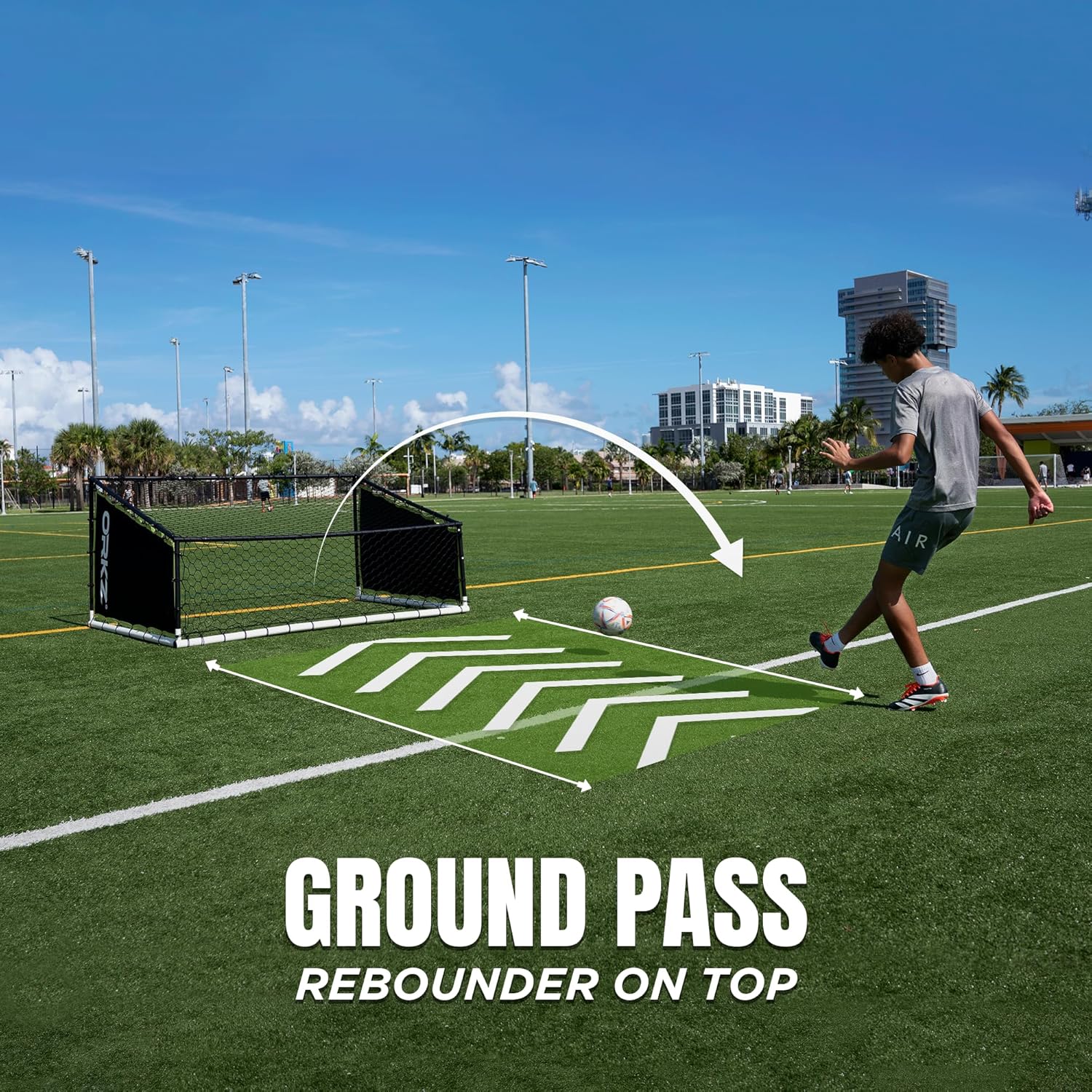 Soccer Goal Rebounder Trainer 3-in-1 | 7X5' Large Ultra-Responsive Rebound Net for Powerful Football Practice, High Passing, Low Passing and Shooting Training, Includes Ground Stakes