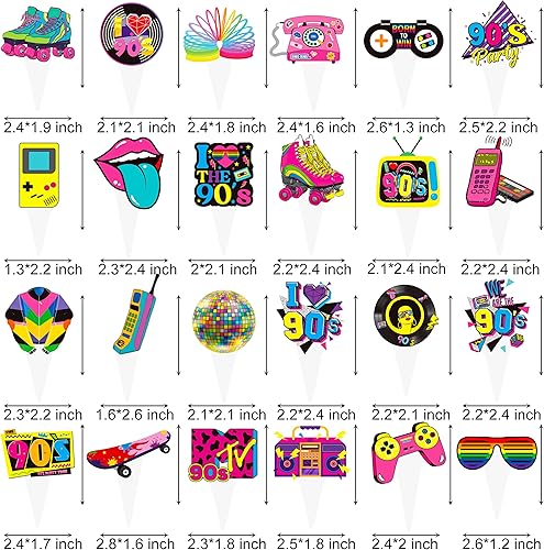 Miniatura 6 de 48 decoraciones de fiesta de los años 90, temática retro de los años 90, decoración de pasteles de fiesta de los años 90, suministros de fiesta de