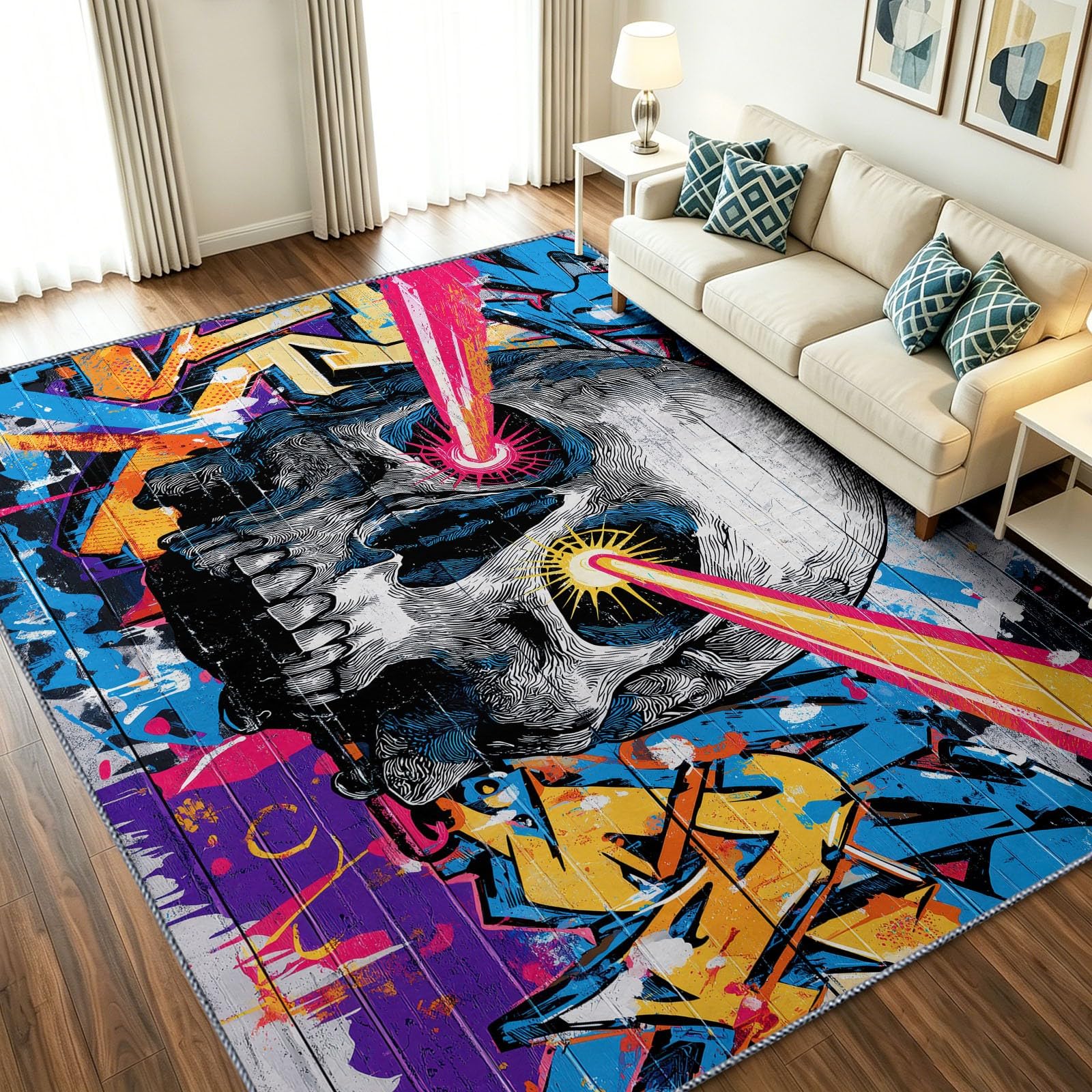 Alfombra estilo graffiti urbano 150 x 210 cm interior calavera ojos láser