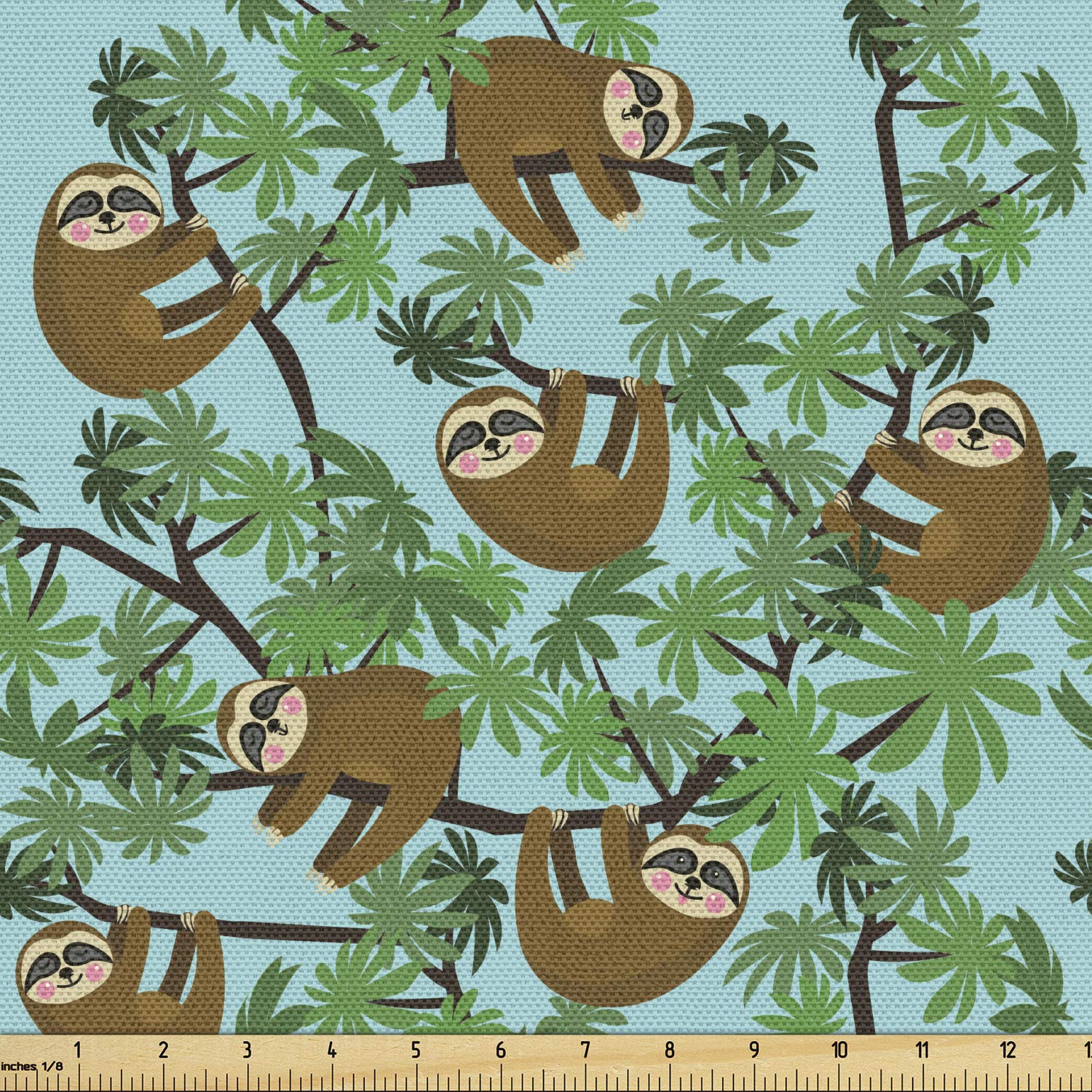 Lunarable Animals Fabric by The Yard, Natural Theme Sloths Sleeping on Exotic Trees in Tropical Jungle, Decorative Fabric for Upholstery and Home Accents, 3 Yards, Caramel Fern