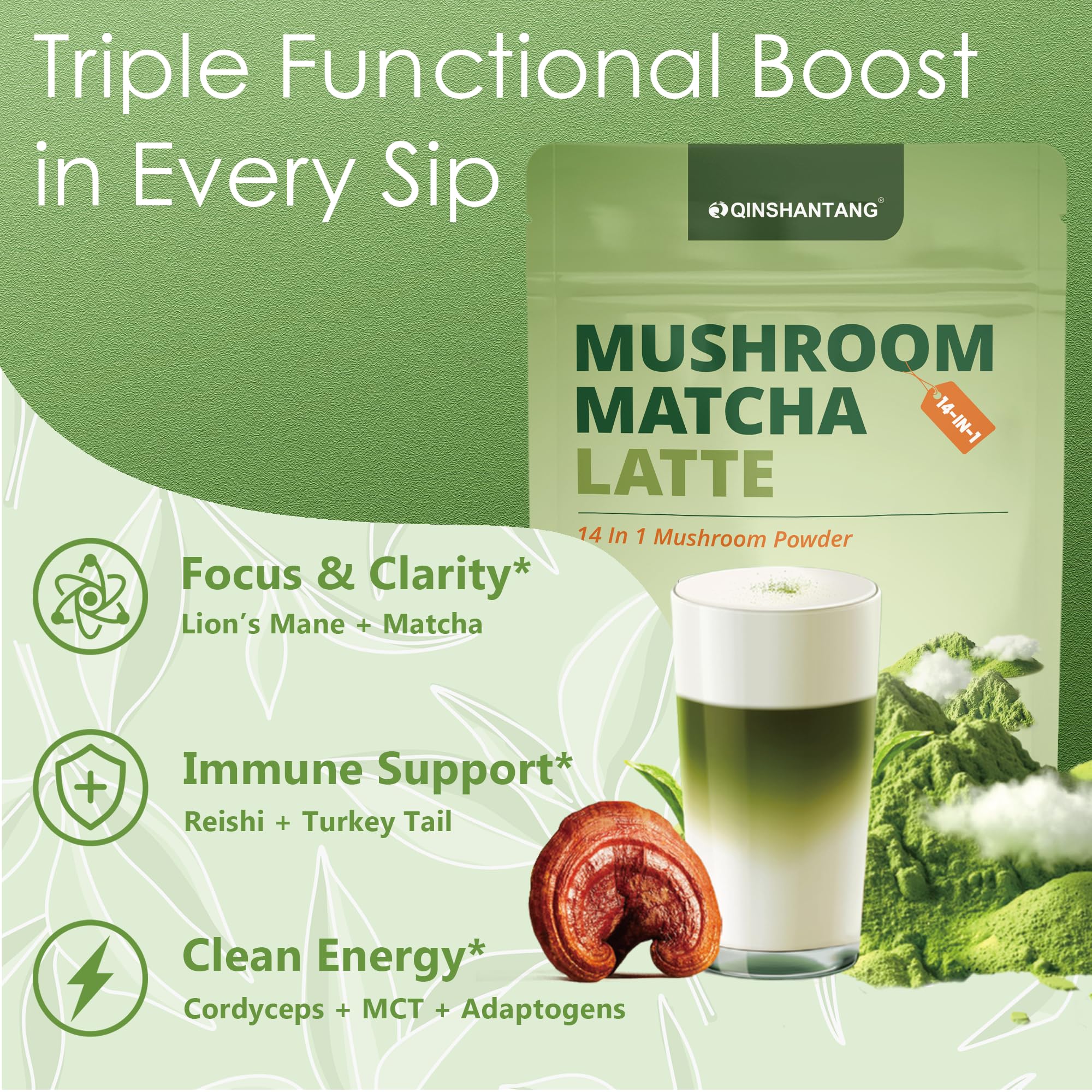 Mushroom Matcha Latte Ceremonial Matcha Green Tea Powder with 14 Mushrooms Probiotics and MCT Powder Lions Mane Reishi — view 6