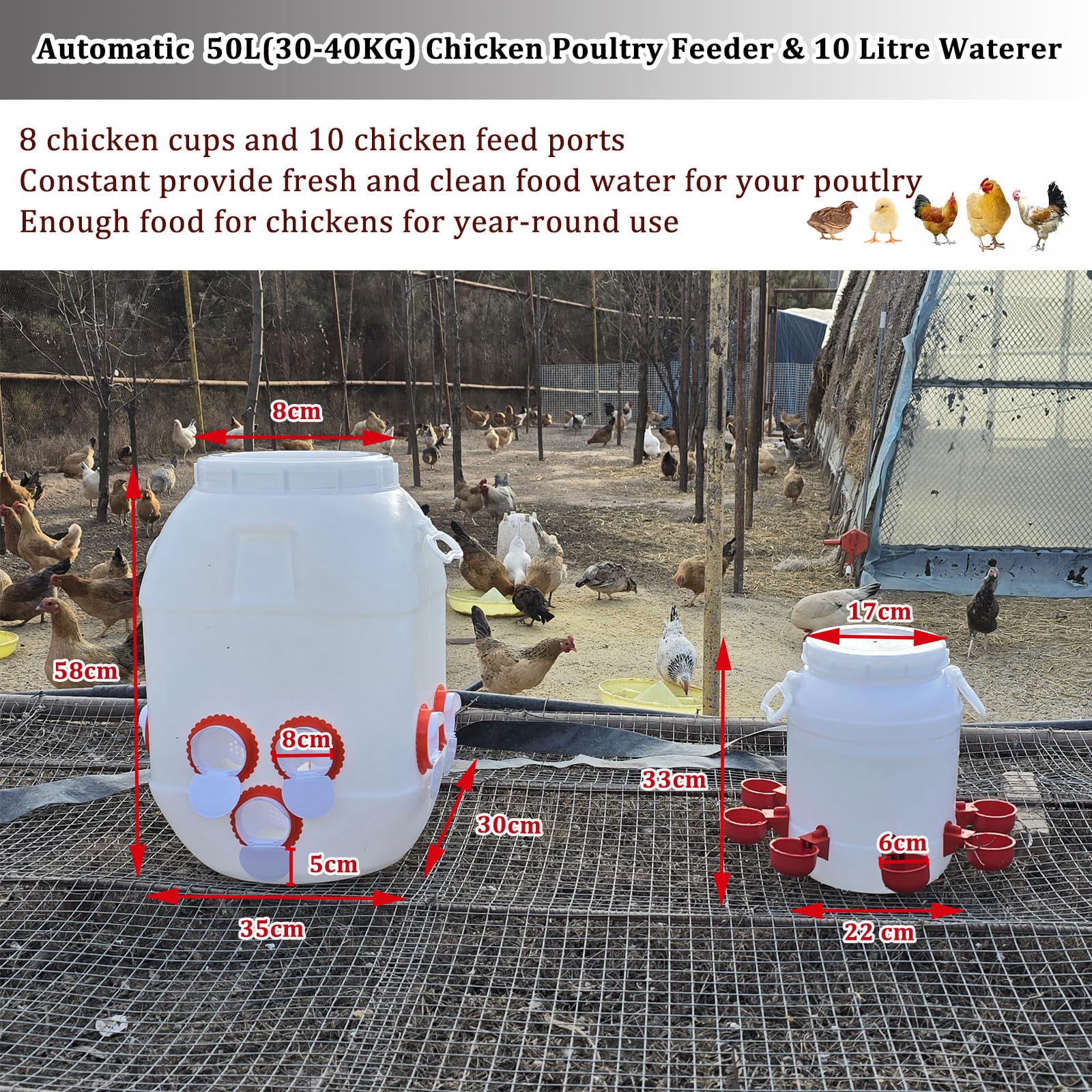 10 Porte Mangiatoia 50L(40-50Kg) + 8 Tazze Abbeveratoio 10L per Galline, Distributore Automatico Mangime Acqua per Polli Galline Pulcini Anatre Pollame(Color:Bianco)