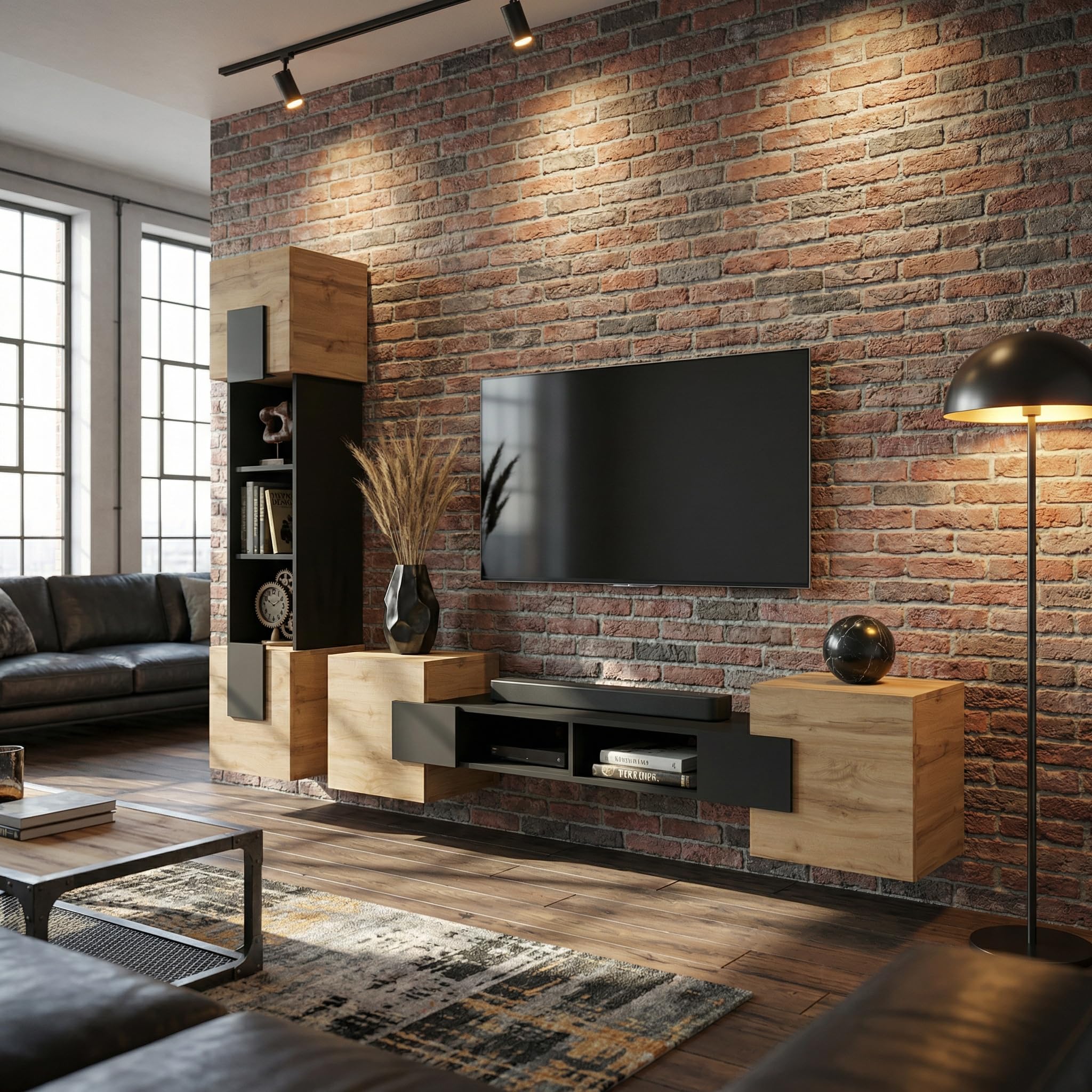 Komodee Wohnwand TV Torino Schwarz/Wotan 220x172x35 cm