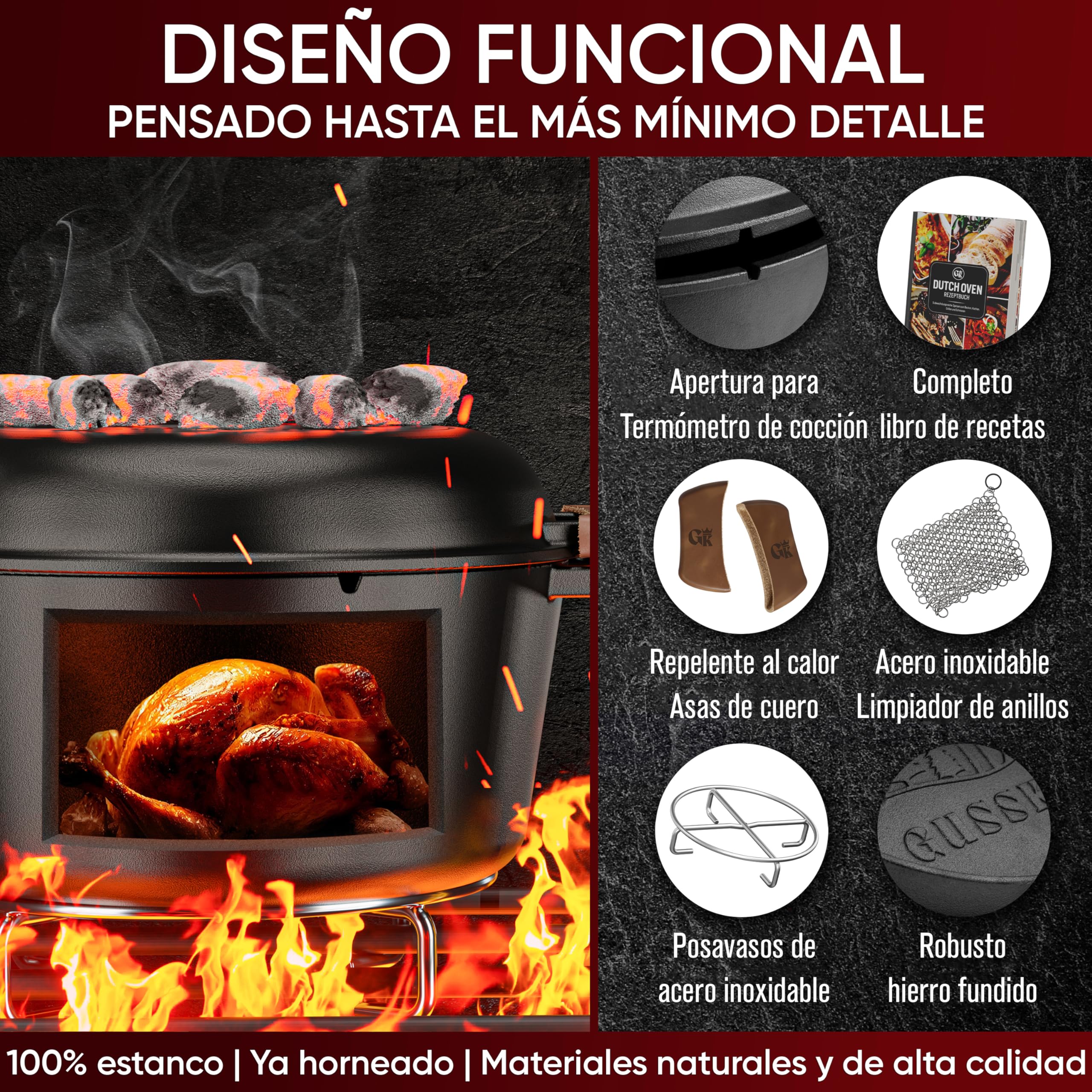 GUSSKÖNIG cocotte hierro fundido – Cocotte pre-curada de 4,8L y sartén de 1,8L. Set 2-en-1 con doble función para estofar, incluye recetario y accesorios para BBQ, camping y cocina
