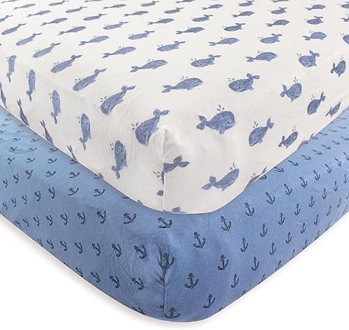 Hudson Baby Sábana bajera ajustable unisex de algodón para cuna, ballena, talla única